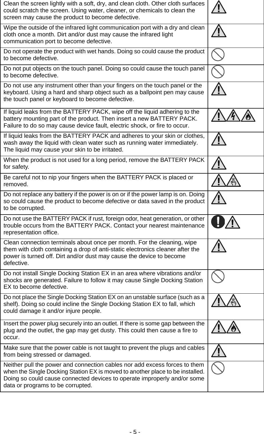 - 5 - Clean the screen lightly with a soft, dry, and clean cloth. Other cloth surfaces could scratch the screen. Using water, cleaner, or chemicals to clean the screen may cause the product to become defective.   Wipe the outside of the infrared light communication port with a dry and clean cloth once a month. Dirt and/or dust may cause the infrared light communication port to become defective.   Do not operate the product with wet hands. Doing so could cause the product to become defective.   Do not put objects on the touch panel. Doing so could cause the touch panel to become defective.   Do not use any instrument other than your fingers on the touch panel or the keyboard. Using a hard and sharp object such as a ballpoint pen may cause the touch panel or keyboard to become defective.   If liquid leaks from the BATTERY PACK, wipe off the liquid adhering to the battery mounting part of the product. Then insert a new BATTERY PACK. Failure to do so may cause device fault, electric shock, or fire to occur.   If liquid leaks from the BATTERY PACK and adheres to your skin or clothes, wash away the liquid with clean water such as running water immediately. The liquid may cause your skin to be irritated.   When the product is not used for a long period, remove the BATTERY PACK for safety.   Be careful not to nip your fingers when the BATTERY PACK is placed or removed.   Do not replace any battery if the power is on or if the power lamp is on. Doing so could cause the product to become defective or data saved in the product to be corrupted.   Do not use the BATTERY PACK if rust, foreign odor, heat generation, or other trouble occurs from the BATTERY PACK. Contact your nearest maintenance representation office.   Clean connection terminals about once per month. For the cleaning, wipe them with cloth containing a drop of anti-static electronics cleaner after the power is turned off. Dirt and/or dust may cause the device to become defective.  Do not install Single Docking Station EX in an area where vibrations and/or shocks are generated. Failure to follow it may cause Single Docking Station EX to become defective.   Do not place the Single Docking Station EX on an unstable surface (such as a shelf). Doing so could incline the Single Docking Station EX to fall, which could damage it and/or injure people.   Insert the power plug securely into an outlet. If there is some gap between the plug and the outlet, the gap may get dusty. This could then cause a fire to occur.    Make sure that the power cable is not taught to prevent the plugs and cables from being stressed or damaged.   Neither pull the power and connection cables nor add excess forces to them when the Single Docking Station EX is moved to another place to be installed. Doing so could cause connected devices to operate improperly and/or some data or programs to be corrupted.  