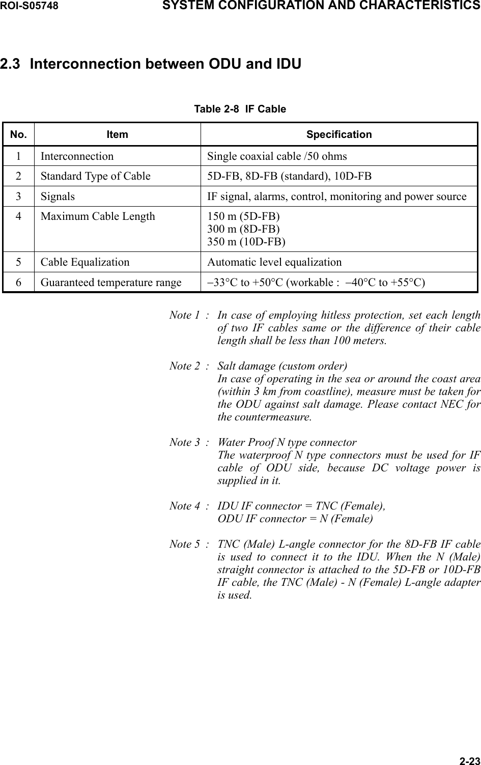 ROI-S05748 SYSTEM CONFIGURATION AND CHARACTERISTICS2-232.3 Interconnection between ODU and IDUTable 2-8  IF CableNo. Item Specification1Interconnection Single coaxial cable /50 ohms2Standard Type of Cable  5D-FB, 8D-FB (standard), 10D-FB3Signals IF signal, alarms, control, monitoring and power source4Maximum Cable Length 150 m (5D-FB)300 m (8D-FB)350 m (10D-FB)5Cable Equalization  Automatic level equalization6Guaranteed temperature range −33°C to +50°C (workable :  −40°C to +55°C)Note 1 : In case of employing hitless protection, set each length of two IF cables same or the difference of their cable length shall be less than 100 meters.Note 2 : Salt damage (custom order) In case of operating in the sea or around the coast area (within 3 km from coastline), measure must be taken for the ODU against salt damage. Please contact NEC for the countermeasure.Note 3 : Water Proof N type connector The waterproof N type connectors must be used for IF cable of ODU side, because DC voltage power is supplied in it.Note 4 : IDU IF connector = TNC (Female),  ODU IF connector = N (Female)Note 5 : TNC (Male) L-angle connector for the 8D-FB IF cable is used to connect it to the IDU. When the N (Male) straight connector is attached to the 5D-FB or 10D-FB IF cable, the TNC (Male) - N (Female) L-angle adapter is used.