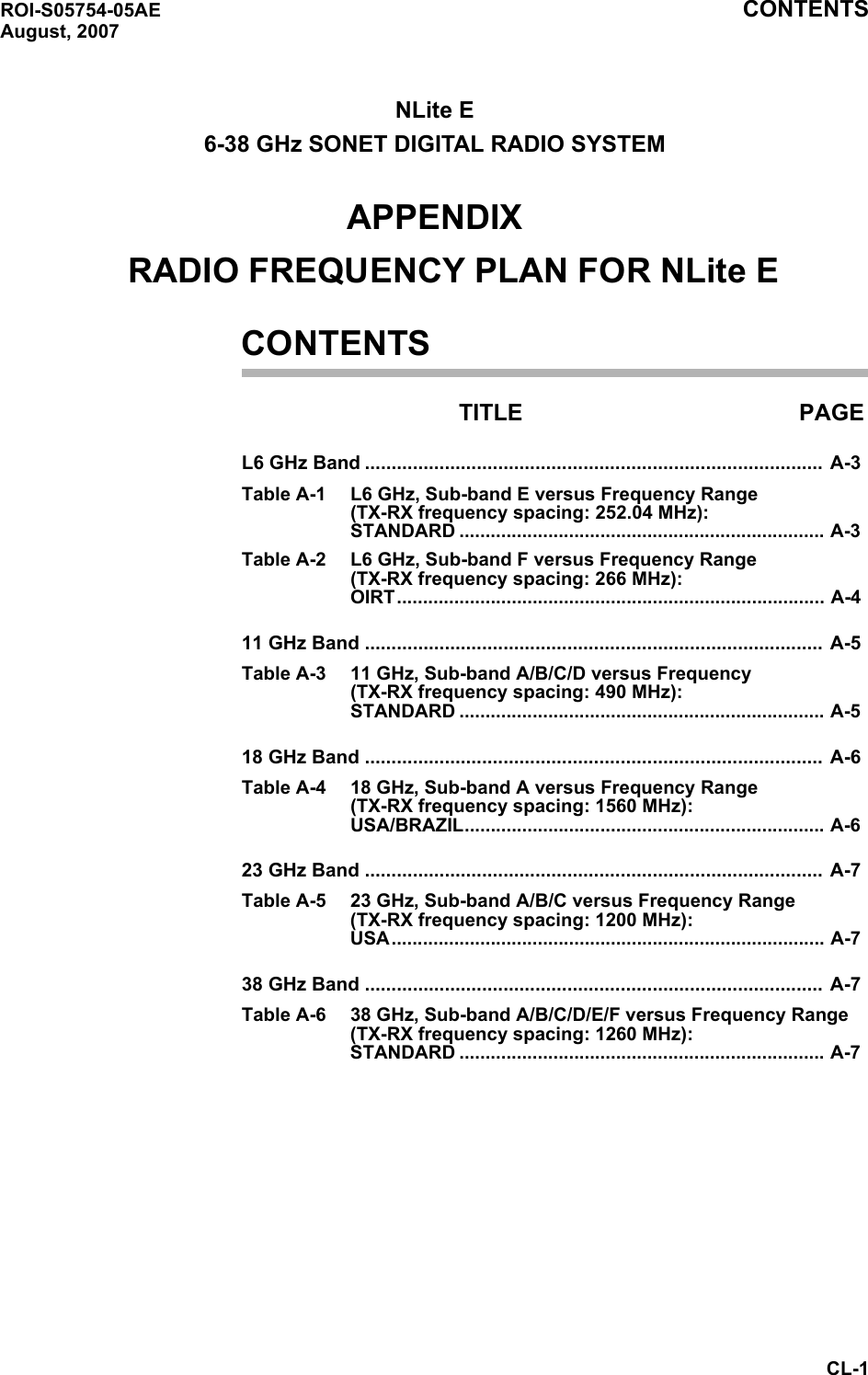 ROI-S05754-05AE CONTENTS August, 2007CL-1NLite E6-38 GHz SONET DIGITAL RADIO SYSTEMAPPENDIX    RADIO FREQUENCY PLAN FOR NLite ECONTENTSTITLE PAGEL6 GHz Band ......................................................................................  A-3Table A-1 L6 GHz, Sub-band E versus Frequency Range (TX-RX frequency spacing: 252.04 MHz):  STANDARD ...................................................................... A-3Table A-2 L6 GHz, Sub-band F versus Frequency Range (TX-RX frequency spacing: 266 MHz):  OIRT.................................................................................. A-411 GHz Band ...................................................................................... A-5Table A-3 11 GHz, Sub-band A/B/C/D versus Frequency (TX-RX frequency spacing: 490 MHz):  STANDARD ...................................................................... A-518 GHz Band ...................................................................................... A-6Table A-4 18 GHz, Sub-band A versus Frequency Range (TX-RX frequency spacing: 1560 MHz):  USA/BRAZIL..................................................................... A-623 GHz Band ...................................................................................... A-7Table A-5 23 GHz, Sub-band A/B/C versus Frequency Range (TX-RX frequency spacing: 1200 MHz):  USA................................................................................... A-738 GHz Band ...................................................................................... A-7Table A-6 38 GHz, Sub-band A/B/C/D/E/F versus Frequency Range (TX-RX frequency spacing: 1260 MHz):  STANDARD ...................................................................... A-7