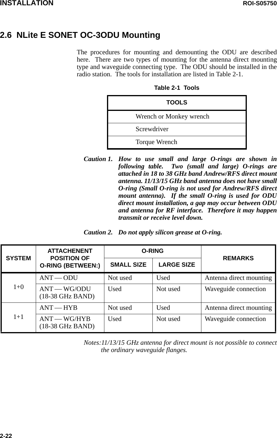 INSTALLATION ROI-S057502-222.6  NLite E SONET OC-3ODU MountingThe procedures for mounting and demounting the ODU are described here.  There are two types of mounting for the antenna direct mounting type and waveguide connecting type.  The ODU should be installed in the radio station.  The tools for installation are listed in Table 2-1.Caution 1. How to use small and large O-rings are shown in following table.  Two (small and large) O-rings are attached in 18 to 38 GHz band Andrew/RFS direct mount antenna. 11/13/15 GHz band antenna does not have small O-ring (Small O-ring is not used for Andrew/RFS direct mount antenna).  If the small O-ring is used for ODU direct mount installation, a gap may occur between ODU and antenna for RF interface.  Therefore it may happen transmit or receive level down.Caution 2. Do not apply silicon grease at O-ring.Notes:11/13/15 GHz antenna for direct mount is not possible to connect the ordinary waveguide flanges. Table 2-1  ToolsTOOLSWrench or Monkey wrenchScrewdriverTorque WrenchSYSTEM ATTACHENENT POSITION OFO-RING (BETWEEN:)O-RING REMARKSSMALL SIZE LARGE SIZE1+0ANT ⎯ ODU Not used Used Antenna direct mountingANT ⎯ WG/ODU(18-38 GHz BAND) Used Not used Waveguide connection1+1ANT ⎯ HYB Not used Used Antenna direct mountingANT ⎯ WG/HYB(18-38 GHz BAND) Used Not used Waveguide connection