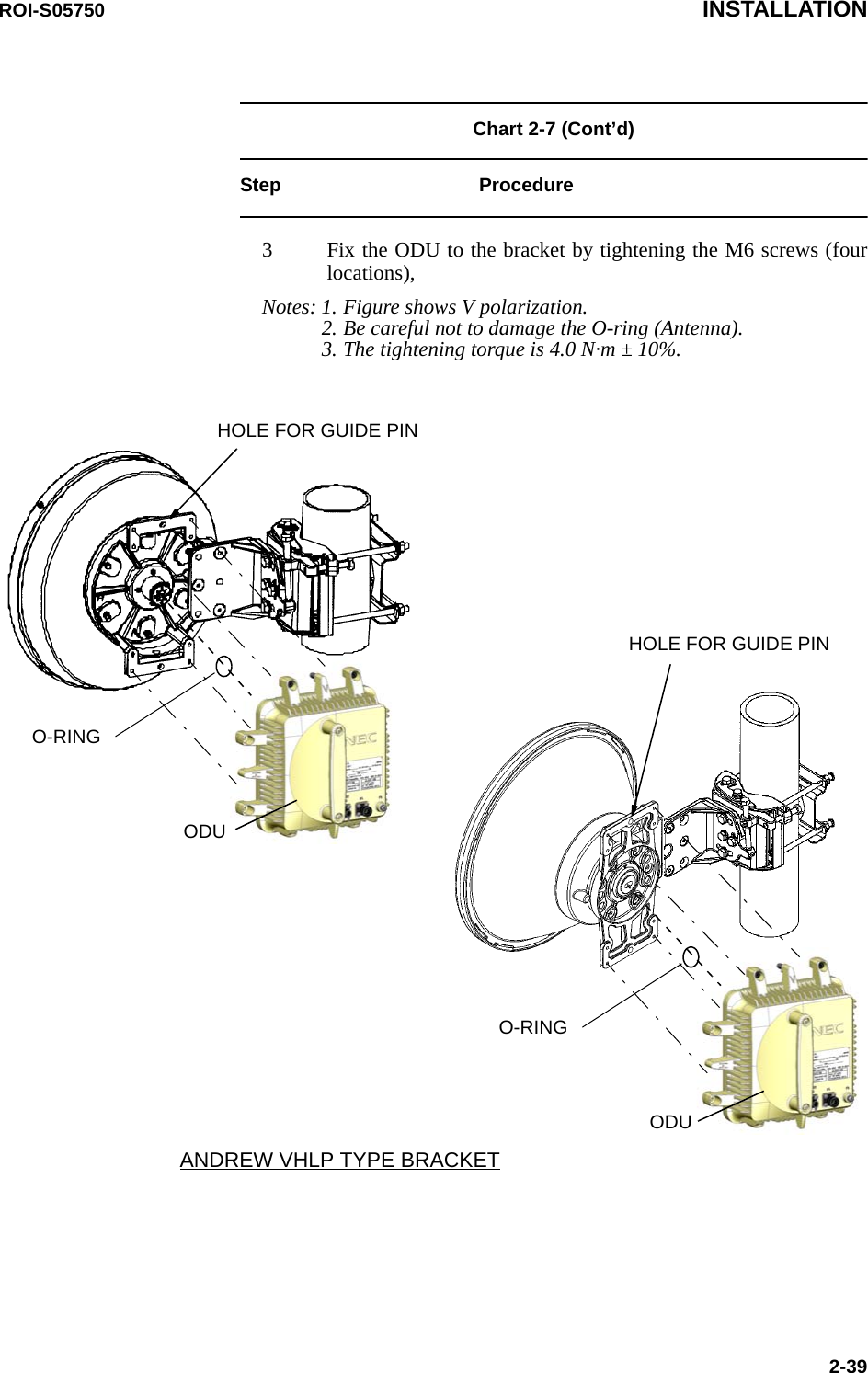 ROI-S05750 INSTALLATION2-39Chart 2-7 (Cont’d)Step Procedure3 Fix the ODU to the bracket by tightening the M6 screws (four locations),Notes: 1. Figure shows V polarization.2. Be careful not to damage the O-ring (Antenna).3. The tightening torque is 4.0 N·m ± 10%.O-RINGHOLE FOR GUIDE PINODUO-RINGHOLE FOR GUIDE PINODUANDREW VHLP TYPE BRACKET