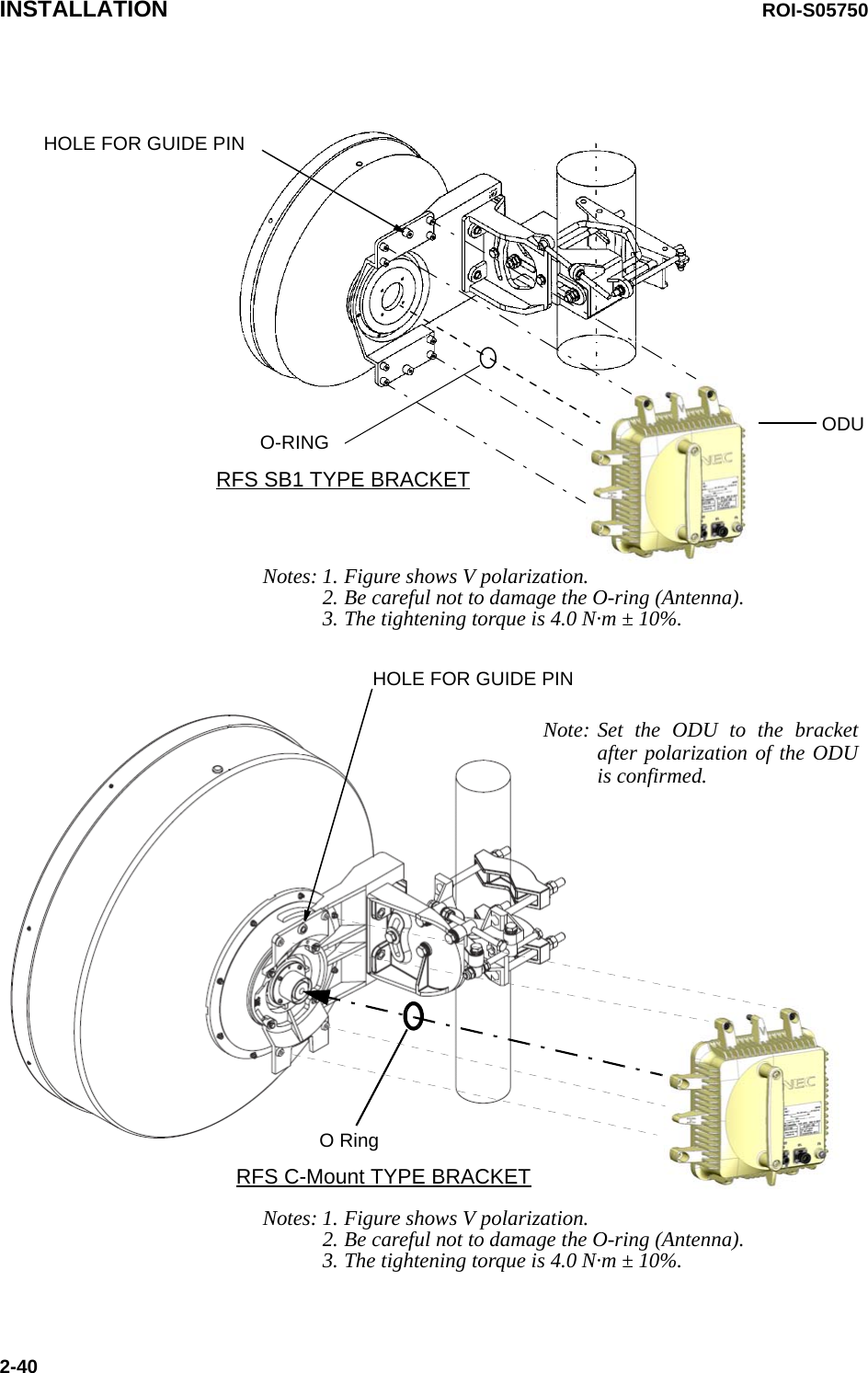 INSTALLATION ROI-S057502-40Notes: 1. Figure shows V polarization.2. Be careful not to damage the O-ring (Antenna).3. The tightening torque is 4.0 N·m ± 10%.Notes: 1. Figure shows V polarization.2. Be careful not to damage the O-ring (Antenna).3. The tightening torque is 4.0 N·m ± 10%.RFS SB1 TYPE BRACKETO-RINGHOLE FOR GUIDE PINODUNote: Set the ODU to the bracket after polarization of the ODU is confirmed.O RingRFS C-Mount TYPE BRACKETHOLE FOR GUIDE PIN