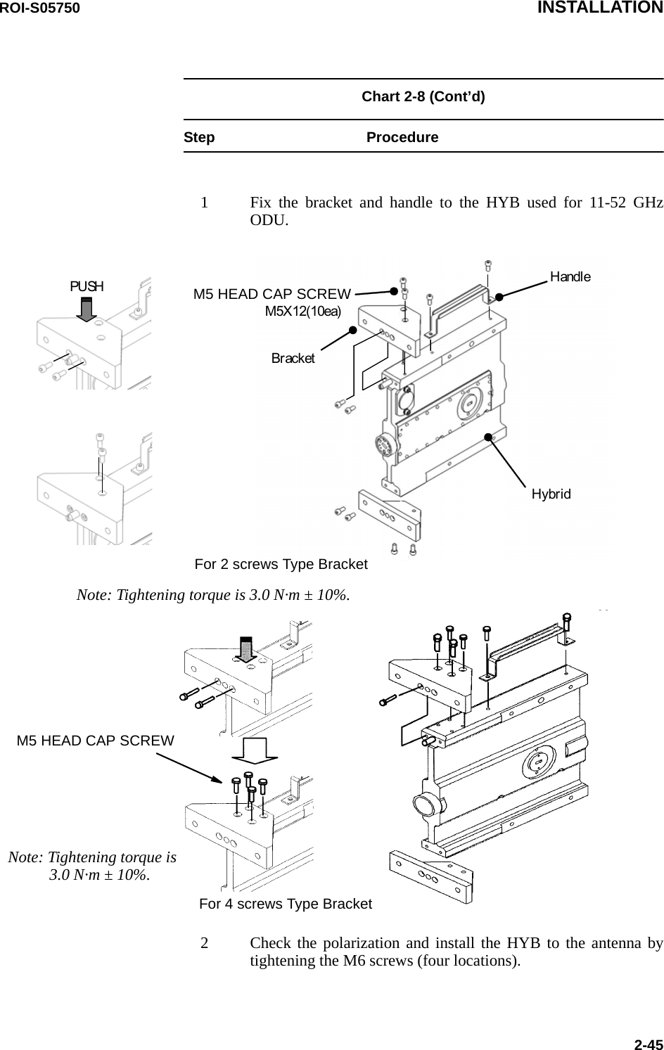 ROI-S05750 INSTALLATION2-45Chart 2-8 (Cont’d)Step Procedure1 Fix the bracket and handle to the HYB used for 11-52 GHz ODU.2 Check the polarization and install the HYB to the antenna by tightening the M6 screws (four locations).M5 HEAD CAP SCREWNote: Tightening torque is  3.0 N·m ± 10%. PUSH Note: Tightening torque is 3.0 N·m ± 10%. M5X12(10ea)Bracket Hybrid Handle M5 HEAD CAP SCREW For 2 screws Type Bracket For 4 screws Type Bracket