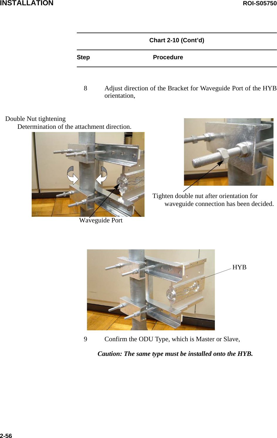 INSTALLATION ROI-S057502-56Chart 2-10 (Cont’d)Step Procedure8 Adjust direction of the Bracket for Waveguide Port of the HYB orientation,9 Confirm the ODU Type, which is Master or Slave, Caution: The same type must be installed onto the HYB.Tighten double nut after orientation for waveguide connection has been decided.Double Nut tighteningDetermination of the attachment direction.Waveguide PortHYB