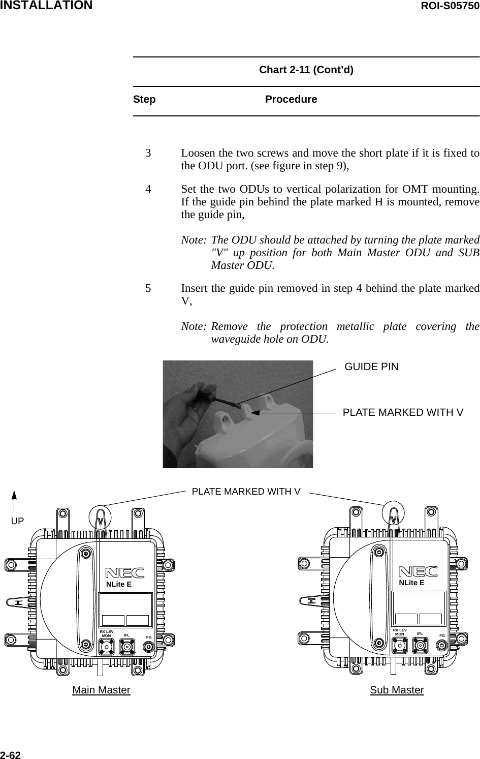 INSTALLATION ROI-S057502-62Chart 2-11 (Cont’d)Step Procedure3 Loosen the two screws and move the short plate if it is fixed to the ODU port. (see figure in step 9),4 Set the two ODUs to vertical polarization for OMT mounting. If the guide pin behind the plate marked H is mounted, remove the guide pin,Note: The ODU should be attached by turning the plate marked &quot;V&quot; up position for both Main Master ODU and SUB Master ODU.5 Insert the guide pin removed in step 4 behind the plate marked V,Note: Remove the protection metallic plate covering the waveguide hole on ODU.GUIDE PINPLATE MARKED WITH VMain Master Sub MasterPLATE MARKED WITH VUPFGIFLMONRX LEV FGIFLMONRX LEVNLite E NLite E