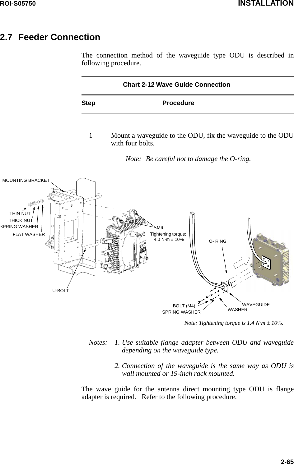 ROI-S05750 INSTALLATION2-652.7 Feeder ConnectionThe connection method of the waveguide type ODU is described in following procedure.Chart 2-12 Wave Guide Connection Step Procedure1 Mount a waveguide to the ODU, fix the waveguide to the ODU with four bolts.WASHERO- RINGWAVEGUIDEBOLT (M4)SPRING WASHERTHIN NUTTHICK NUTSPRING WASHERFLAT WASHERU-BOLTMOUNTING BRACKETM6Tightening torque:    4.0 N·m ± 10%Note: Tightening torque is 1.4 N·m ± 10%.Note: Be careful not to damage the O-ring.Notes: 1. Use suitable flange adapter between ODU and waveguide depending on the waveguide type.2. Connection of the waveguide is the same way as ODU is wall mounted or 19-inch rack mounted.The wave guide for the antenna direct mounting type ODU is flange adapter is required.   Refer to the following procedure.