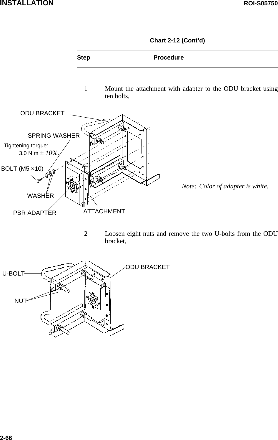 INSTALLATION ROI-S057502-66Chart 2-12 (Cont’d)Step Procedure1 Mount the attachment with adapter to the ODU bracket using ten bolts,ATTACHMENTSPRING WASHERWASHERODU BRACKET PBR ADAPTERNote: Color of adapter is white.BOLT (M5 ×10)Tightening torque:            3.0 N·m ± 10%.2 Loosen eight nuts and remove the two U-bolts from the ODU bracket,U-BOLT ODU BRACKETNUT