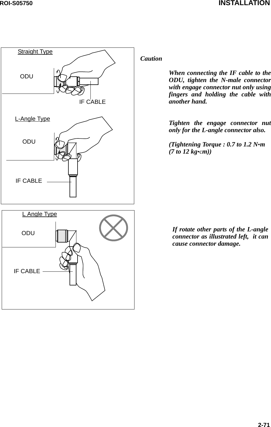 CautionWhen connecting the IF cable to the ODU, tighten the N-male connector with engage connector nut only using fingers and holding the cable with another hand.  Tighten the engage connector nut only for the L-angle connector also. (Tightening Torque : 0.7 to 1.2 N•m (7 to 12 kg•cm))ODUODUIF CABLEIF CABLEODUIF CABLEStraight TypeL-Angle TypeL Angle TypeIf rotate other parts of the L-angle connector as illustrated left,  it can cause connector damage.ROI-S05750 INSTALLATION2-71