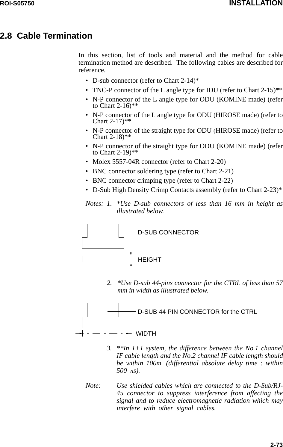 ROI-S05750 INSTALLATION2-732.8  Cable TerminationIn this section, list of tools and material and the method for cable termination method are described.  The following cables are described for reference.• D-sub connector (refer to Chart 2-14)*• TNC-P connector of the L angle type for IDU (refer to Chart 2-15)**• N-P connector of the L angle type for ODU (KOMINE made) (refer to Chart 2-16)**• N-P connector of the L angle type for ODU (HIROSE made) (refer to Chart 2-17)**• N-P connector of the straight type for ODU (HIROSE made) (refer to Chart 2-18)**• N-P connector of the straight type for ODU (KOMINE made) (refer to Chart 2-19)**• Molex 5557-04R connector (refer to Chart 2-20)• BNC connector soldering type (refer to Chart 2-21)• BNC connector crimping type (refer to Chart 2-22)• D-Sub High Density Crimp Contacts assembly (refer to Chart 2-23)*Notes: 1. *Use D-sub connectors of less than 16 mm in height as illustrated below.HEIGHTD-SUB CONNECTOR2. *Use D-sub 44-pins connector for the CTRL of less than 57 mm in width as illustrated below.D-SUB 44 PIN CONNECTOR for the CTRLWIDTH3. **In 1+1 system, the difference between the No.1 channel IF cable length and the No.2 channel IF cable length should be within 100m. (differential absolute delay time : within 500  ns).Note:  Use shielded cables which are connected to the D-Sub/RJ-45 connector to suppress interference from affecting the signal and to reduce electromagnetic radiation which may interfere with other signal cables.