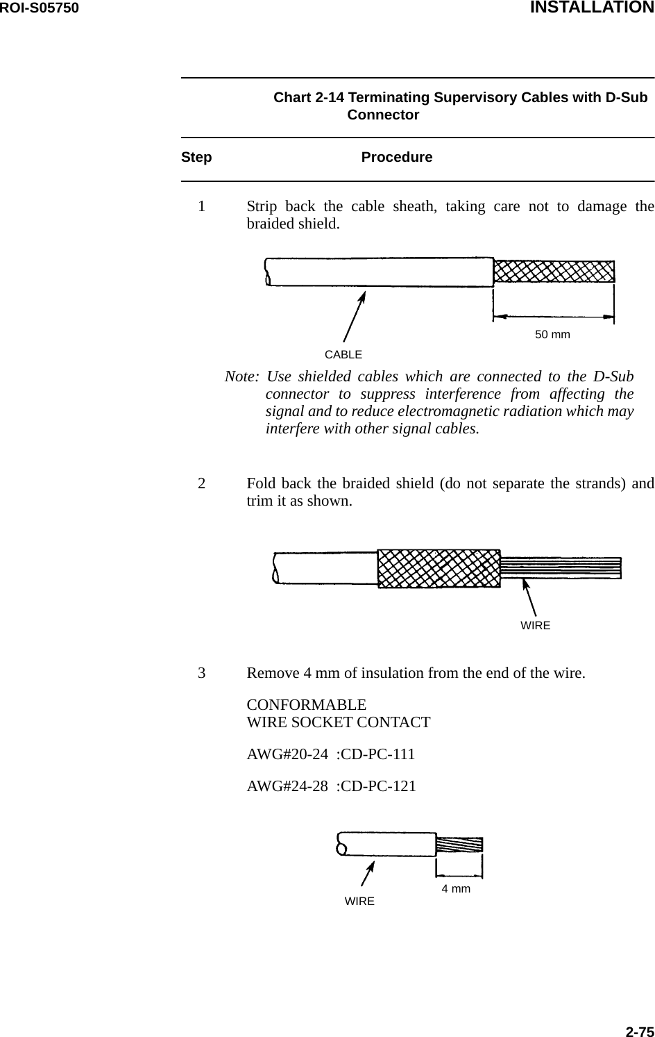 ROI-S05750 INSTALLATION2-75Chart 2-14 Terminating Supervisory Cables with D-Sub ConnectorStep Procedure1 Strip back the cable sheath, taking care not to damage the braided shield.50 mmCABLENote: Use shielded cables which are connected to the D-Sub connector to suppress interference from affecting the signal and to reduce electromagnetic radiation which may interfere with other signal cables. 2 Fold back the braided shield (do not separate the strands) and trim it as shown.WIRE3 Remove 4 mm of insulation from the end of the wire.CONFORMABLE WIRE SOCKET CONTACTAWG#20-24  :CD-PC-111AWG#24-28  :CD-PC-121WIRE 4 mm