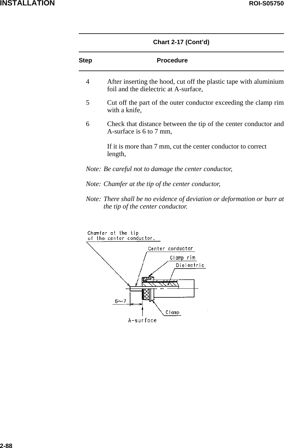 INSTALLATION ROI-S057502-88Chart 2-17 (Cont’d) Step Procedure4 After inserting the hood, cut off the plastic tape with aluminium foil and the dielectric at A-surface, 5 Cut off the part of the outer conductor exceeding the clamp rim with a knife,6 Check that distance between the tip of the center conductor and A-surface is 6 to 7 mm,  If it is more than 7 mm, cut the center conductor to correct length,Note: Be careful not to damage the center conductor,Note: Chamfer at the tip of the center conductor,Note: There shall be no evidence of deviation or deformation or burr at the tip of the center conductor.