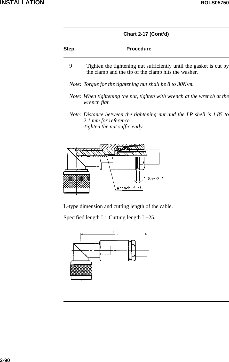 INSTALLATION ROI-S057502-90Chart 2-17 (Cont’d) Step Procedure9 Tighten the tightening nut sufficiently until the gasket is cut by the clamp and the tip of the clamp hits the washer,Note: Torque for the tightening nut shall be 8 to 30N•m.Note: When tightening the nut, tighten with wrench at the wrench at the wrench flat.Note: Distance between the tightening nut and the LP shell is 1.85 to 2.1 mm for reference.  Tighten the nut sufficiently.L-type dimension and cutting length of the cable.Specified length L:  Cutting length L−25.