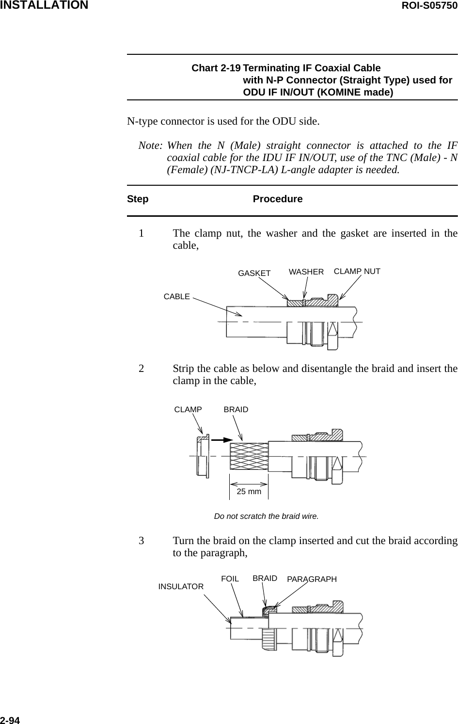 INSTALLATION ROI-S057502-94Chart 2-19 Terminating IF Coaxial Cable  with N-P Connector (Straight Type) used for ODU IF IN/OUT (KOMINE made)N-type connector is used for the ODU side. Note: When the N (Male) straight connector is attached to the IF coaxial cable for the IDU IF IN/OUT, use of the TNC (Male) - N (Female) (NJ-TNCP-LA) L-angle adapter is needed.Step Procedure1 The clamp nut, the washer and the gasket are inserted in the cable,GASKET WASHER CLAMP NUTCABLE2 Strip the cable as below and disentangle the braid and insert the clamp in the cable,BRAIDCLAMP25 mmDo not scratch the braid wire.3 Turn the braid on the clamp inserted and cut the braid according to the paragraph,BRAIDINSULATOR FOIL PARAGRAPH