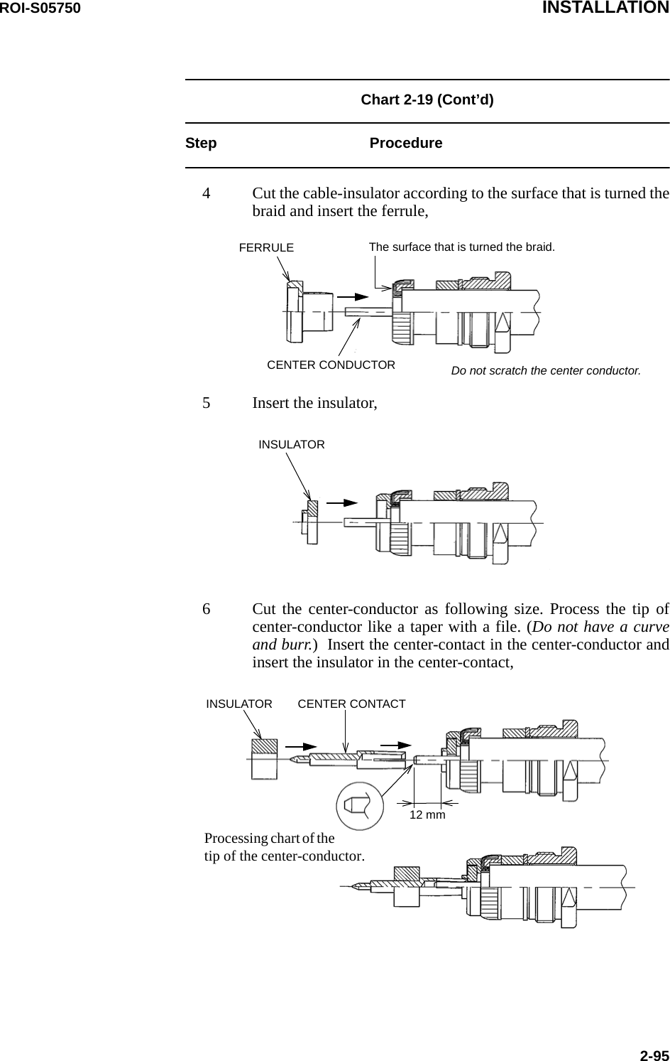 ROI-S05750 INSTALLATION2-95Chart 2-19 (Cont’d) Step Procedure4 Cut the cable-insulator according to the surface that is turned the braid and insert the ferrule, FERRULECENTER CONDUCTOR The surface that is turned the braid.Do not scratch the center conductor.5 Insert the insulator,INSULATOR6 Cut the center-conductor as following size. Process the tip of center-conductor like a taper with a file. (Do not have a curve and burr.)  Insert the center-contact in the center-conductor and insert the insulator in the center-contact,12 mmCENTER CONTACTINSULATORProcessing chart of the tip of the center-conductor.