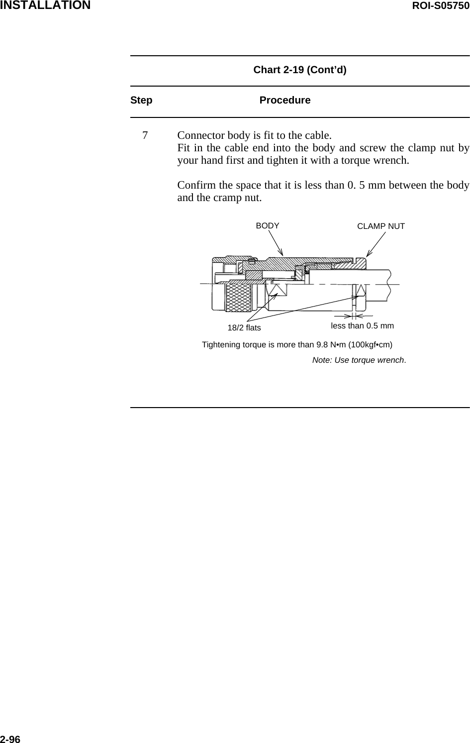 INSTALLATION ROI-S057502-96Chart 2-19 (Cont’d) Step Procedure7 Connector body is fit to the cable. Fit in the cable end into the body and screw the clamp nut by your hand first and tighten it with a torque wrench.  Confirm the space that it is less than 0. 5 mm between the body and the cramp nut.BODY CLAMP NUT18/2 flats less than 0.5 mmTightening torque is more than 9.8 N•m (100kgf•cm)Note: Use torque wrench.