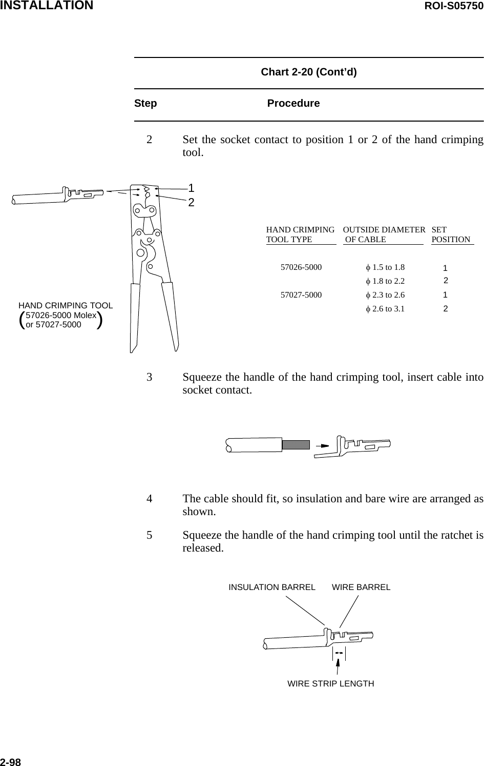 INSTALLATION ROI-S057502-98Chart 2-20 (Cont’d) Step Procedure2 Set the socket contact to position 1 or 2 of the hand crimping tool.HAND CRIMPING TOOL57026-5000 Molexor 57027-5000(            )HAND CRIMPING TOOL TYPE57026-500057027-5000OUTSIDE DIAMETER  OF CABLEφ 1.5 to 1.8φ 1.8 to 2.2φ 2.3 to 2.6φ 2.6 to 3.1SET POSITION2112123 Squeeze the handle of the hand crimping tool, insert cable into socket contact.4 The cable should fit, so insulation and bare wire are arranged as shown.5 Squeeze the handle of the hand crimping tool until the ratchet is released.INSULATION BARREL WIRE BARRELWIRE STRIP LENGTH