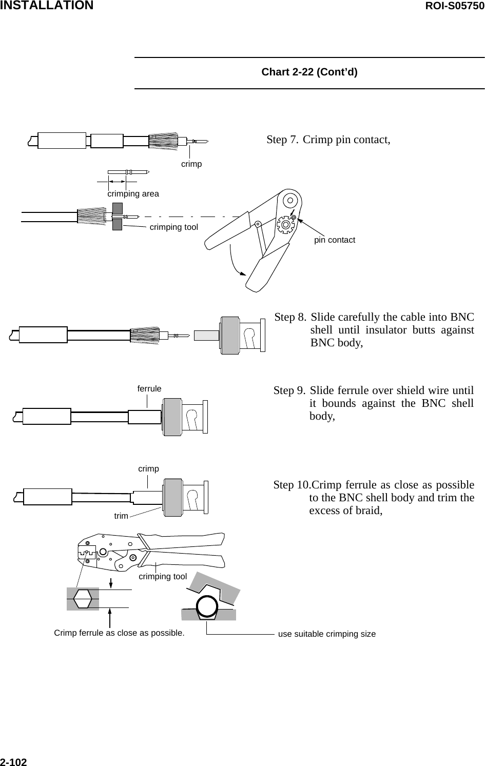 INSTALLATION ROI-S057502-102Chart 2-22 (Cont’d) Step 7. Crimp pin contact,crimppin contactcrimping toolcrimping areacrimpStep 8. Slide carefully the cable into BNC shell until insulator butts against BNC body,Step 9. Slide ferrule over shield wire until it bounds against the BNC shell body,ferruleStep 10.Crimp ferrule as close as possible to the BNC shell body and trim the excess of braid,crimping toolCrimp ferrule as close as possible.trimuse suitable crimping size