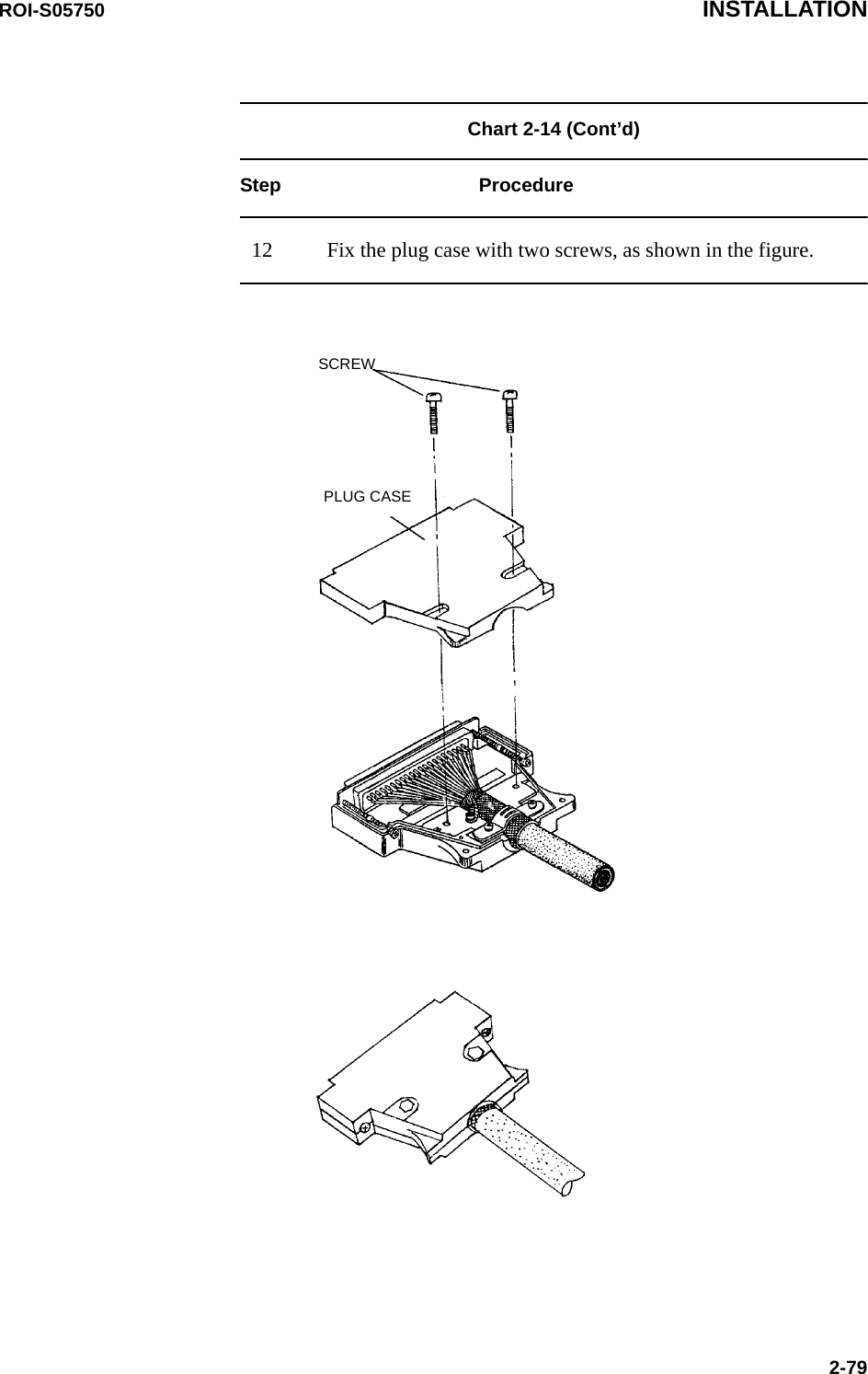 ROI-S05750 INSTALLATION2-79Chart 2-14 (Cont’d) Step Procedure12 Fix the plug case with two screws, as shown in the figure.SCREWPLUG CASE