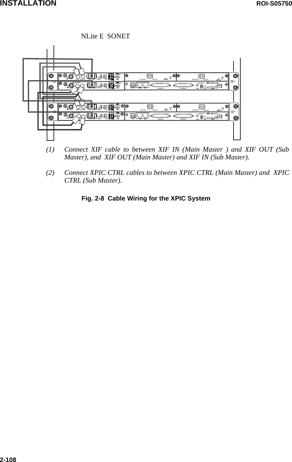 INSTALLATION ROI-S057502-108NLite E  SONETSELV!XIF IN XIF OUTIF IN/OUT TXRXRESETXPIC CTRL XPICPWRODUMD/CBL PWRFGPULLSELV!XIF IN XIF OUTIF IN/OUT TXRXRESETXPIC CTRL XPICPWRODUMD/CBL PWRPULLSELV!XIF IN XIF OUTIF IN/OUT TXRXRESETXPIC CTRL XPICPWRODUMD/CBL PWRFGPULLSELV!XIF IN XIF OUTIF IN/OUT TXRXRESETXPIC CTRL XPICPWRODUMD/CBL PWRPULL(1)  Connect XIF cable to between XIF IN (Main Master ) and XIF OUT (Sub Master), and  XIF OUT (Main Master) and XIF IN (Sub Master).(2) Connect XPIC CTRL cables to between XPIC CTRL (Main Master) and  XPIC CTRL (Sub Master).AUX/ALMNMS NE SC IN/OUT EOWPROTECTCALL MMCMAINTMEMORYIDUNLite EFGLCTAUX/ALMNMS NE SC IN/OUT EOWPROTECTCALL MMCMAINTMEMORYIDUNLite ESFGLCTALMOC-3 INOC-3 OUTALMOC-3 INOC-3 OUT ONLINEONLINEALMOC-3 INOC-3 OUTALMOC-3 INOC-3 OUT ONLINEONLINEFig. 2-8  Cable Wiring for the XPIC System