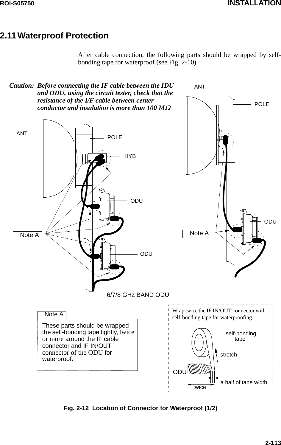 ROI-S05750 INSTALLATION2-1132.11Waterproof ProtectionAfter cable connection, the following parts should be wrapped by self-bonding tape for waterproof (see Fig. 2-10).POLEANT6/7/8 GHz BAND ODUPOLEANTHYBODUODUThese parts should be wrapped the self-bonding tape tightly, twice or more around the IF cable connector and IF IN/OUT connector of the ODU for waterproof.Note ANote ANote AODUCaution: Before connecting the IF cable between the IDU and ODU, using the circuit tester, check that the resistance of the I/F cable between center conductor and insulation is more than 100 MΩ.self-bonding tapestretchWrap twice the IF IN/OUT connector with self-bonding tape for waterproofing. a half of tape widthODUtwiceFig. 2-12  Location of Connector for Waterproof (1/2)