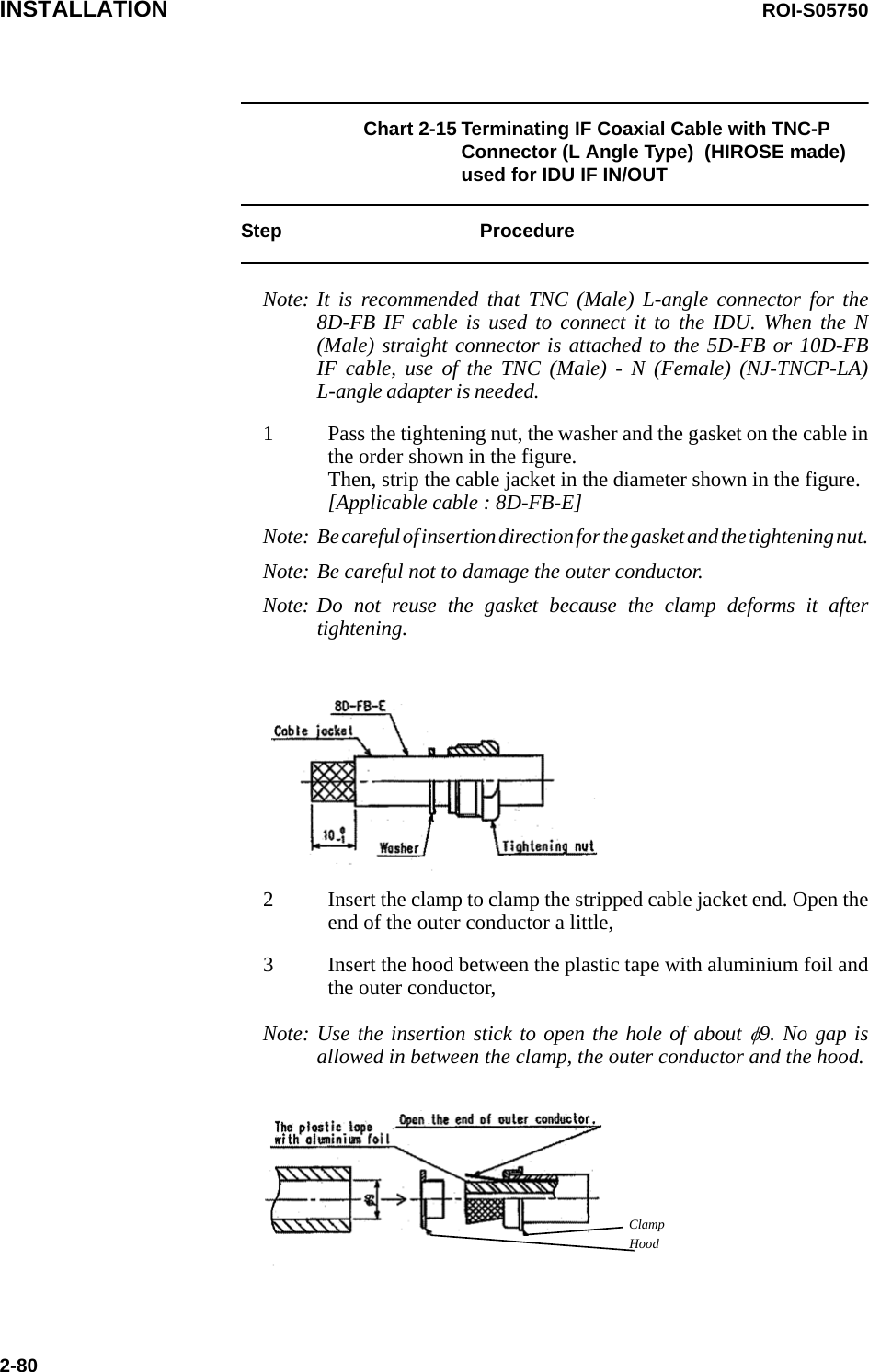 INSTALLATION ROI-S057502-80Chart 2-15 Terminating IF Coaxial Cable with TNC-P Connector (L Angle Type)  (HIROSE made) used for IDU IF IN/OUTStep ProcedureNote: It is recommended that TNC (Male) L-angle connector for the 8D-FB IF cable is used to connect it to the IDU. When the N (Male) straight connector is attached to the 5D-FB or 10D-FB IF cable, use of the TNC (Male) - N (Female) (NJ-TNCP-LA) L-angle adapter is needed.1 Pass the tightening nut, the washer and the gasket on the cable in the order shown in the figure. Then, strip the cable jacket in the diameter shown in the figure. [Applicable cable : 8D-FB-E]Note: Be careful of insertion direction for the gasket and the tightening nut.Note: Be careful not to damage the outer conductor.Note: Do not reuse the gasket because the clamp deforms it after tightening.2 Insert the clamp to clamp the stripped cable jacket end. Open the end of the outer conductor a little,3 Insert the hood between the plastic tape with aluminium foil and the outer conductor,ClampHoodNote: Use the insertion stick to open the hole of about φ9. No gap is allowed in between the clamp, the outer conductor and the hood.