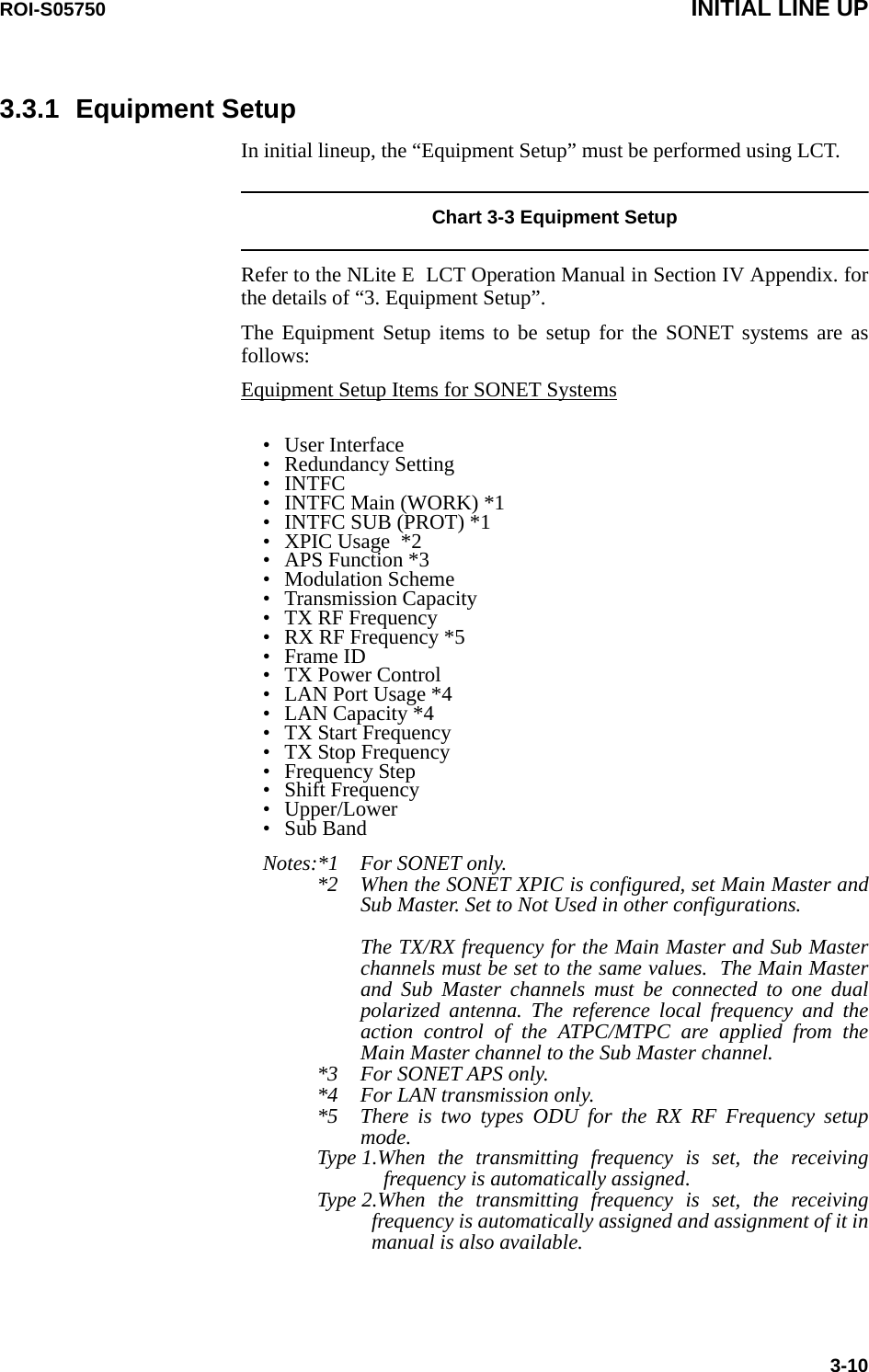 ROI-S05750 INITIAL LINE UP3-103.3.1 Equipment SetupIn initial lineup, the “Equipment Setup” must be performed using LCT.Chart 3-3 Equipment SetupRefer to the NLite E  LCT Operation Manual in Section IV Appendix. for the details of “3. Equipment Setup”. The Equipment Setup items to be setup for the SONET systems are as follows:Equipment Setup Items for SONET Systems• User Interface • Redundancy Setting• INTFC• INTFC Main (WORK) *1• INTFC SUB (PROT) *1•XPIC Usage  *2• APS Function *3• Modulation Scheme• Transmission Capacity• TX RF Frequency• RX RF Frequency *5• Frame ID• TX Power Control• LAN Port Usage *4• LAN Capacity *4• TX Start Frequency• TX Stop Frequency• Frequency Step• Shift Frequency• Upper/Lower•Sub BandNotes:*1  For SONET only.*2 When the SONET XPIC is configured, set Main Master and Sub Master. Set to Not Used in other configurations. The TX/RX frequency for the Main Master and Sub Master channels must be set to the same values.  The Main Master and Sub Master channels must be connected to one dual polarized antenna. The reference local frequency and the action control of the ATPC/MTPC are applied from the Main Master channel to the Sub Master channel.*3  For SONET APS only.*4 For LAN transmission only.*5 There is two types ODU for the RX RF Frequency setup mode.Type 1.When the transmitting frequency is set, the receiving frequency is automatically assigned.Type 2.When the transmitting frequency is set, the receiving frequency is automatically assigned and assignment of it in manual is also available.