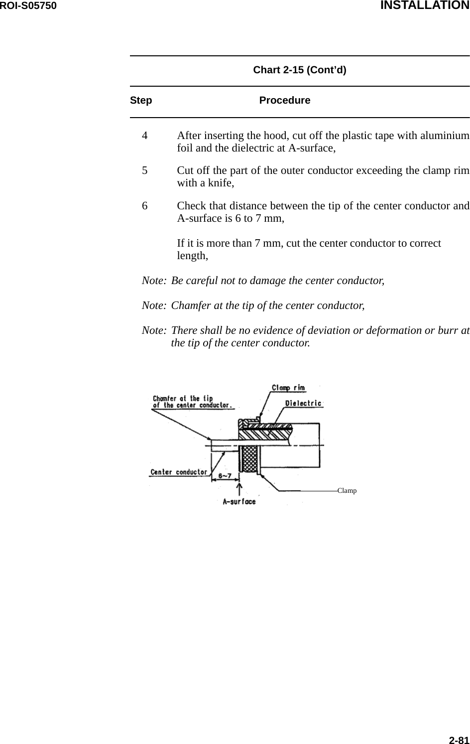 ROI-S05750 INSTALLATION2-81Chart 2-15 (Cont’d) Step Procedure4 After inserting the hood, cut off the plastic tape with aluminium foil and the dielectric at A-surface, 5 Cut off the part of the outer conductor exceeding the clamp rim with a knife,6 Check that distance between the tip of the center conductor and A-surface is 6 to 7 mm,  If it is more than 7 mm, cut the center conductor to correct length,ClampNote: Be careful not to damage the center conductor,Note: Chamfer at the tip of the center conductor,Note: There shall be no evidence of deviation or deformation or burr at the tip of the center conductor.