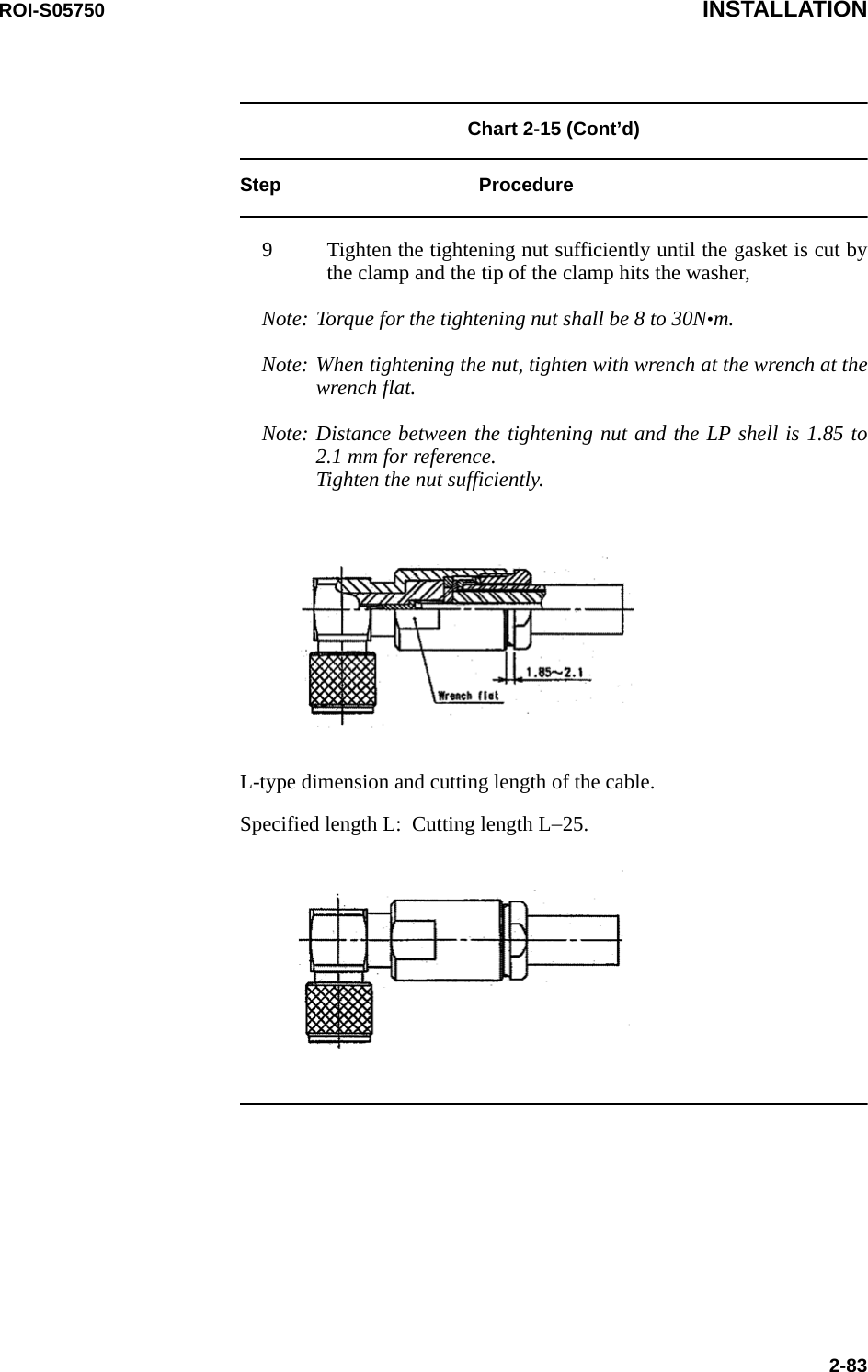 ROI-S05750 INSTALLATION2-83Chart 2-15 (Cont’d) Step Procedure9 Tighten the tightening nut sufficiently until the gasket is cut by the clamp and the tip of the clamp hits the washer,Note: Torque for the tightening nut shall be 8 to 30N•m.Note: When tightening the nut, tighten with wrench at the wrench at the wrench flat.Note: Distance between the tightening nut and the LP shell is 1.85 to 2.1 mm for reference.  Tighten the nut sufficiently.L-type dimension and cutting length of the cable.Specified length L:  Cutting length L−25.