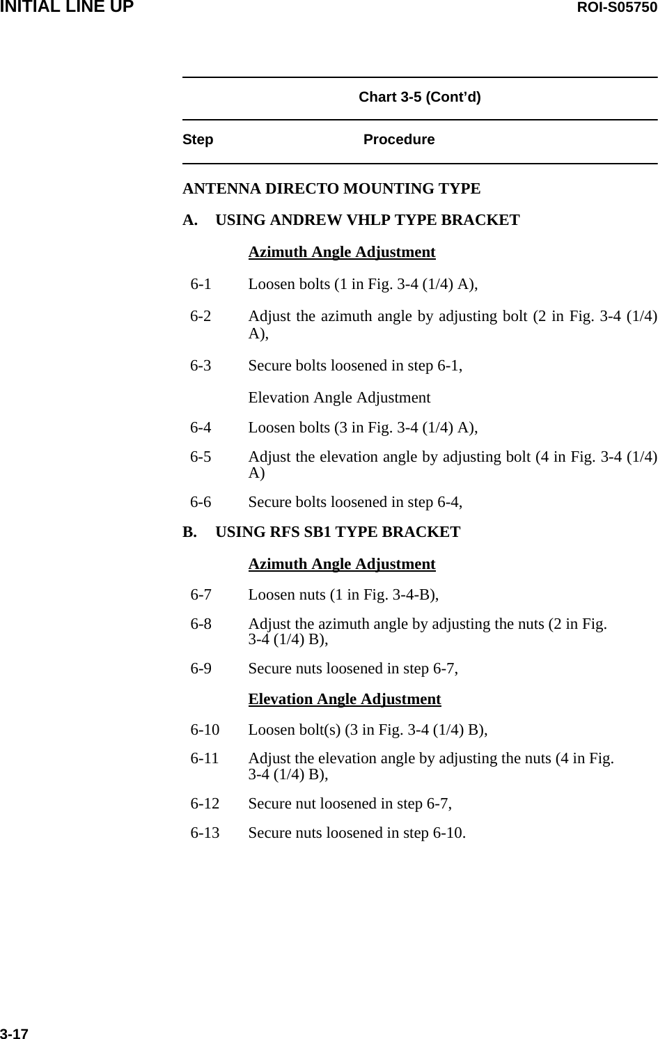 INITIAL LINE UP ROI-S057503-17Chart 3-5 (Cont’d)Step ProcedureANTENNA DIRECTO MOUNTING TYPEA. USING ANDREW VHLP TYPE BRACKETAzimuth Angle Adjustment  6-1 Loosen bolts (1 in Fig. 3-4 (1/4) A), 6-2 Adjust the azimuth angle by adjusting bolt (2 in Fig. 3-4 (1/4) A), 6-3 Secure bolts loosened in step 6-1,Elevation Angle Adjustment 6-4 Loosen bolts (3 in Fig. 3-4 (1/4) A), 6-5 Adjust the elevation angle by adjusting bolt (4 in Fig. 3-4 (1/4) A)6-6 Secure bolts loosened in step 6-4,B. USING RFS SB1 TYPE BRACKETAzimuth Angle Adjustment  6-7 Loosen nuts (1 in Fig. 3-4-B),  6-8 Adjust the azimuth angle by adjusting the nuts (2 in Fig.  3-4 (1/4) B),  6-9 Secure nuts loosened in step 6-7,Elevation Angle Adjustment  6-10 Loosen bolt(s) (3 in Fig. 3-4 (1/4) B),  6-11 Adjust the elevation angle by adjusting the nuts (4 in Fig.  3-4 (1/4) B),  6-12 Secure nut loosened in step 6-7,  6-13 Secure nuts loosened in step 6-10.