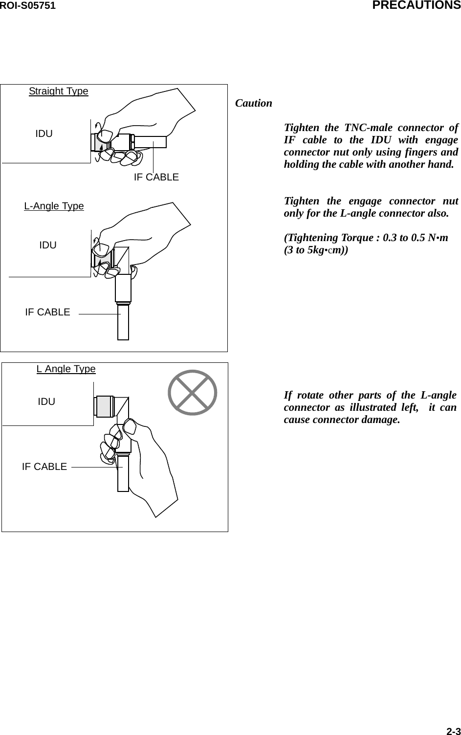 CautionTighten the TNC-male connector of IF cable to the IDU with engage connector nut only using fingers and holding the cable with another hand.  Tighten the engage connector nut only for the L-angle connector also. (Tightening Torque : 0.3 to 0.5 N•m (3 to 5kg•cm))IDUIDUIF CABLEIF CABLEIDUIF CABLEStraight TypeL-Angle TypeL Angle TypeIf rotate other parts of the L-angle connector as illustrated left,  it can cause connector damage.ROI-S05751 PRECAUTIONS2-3