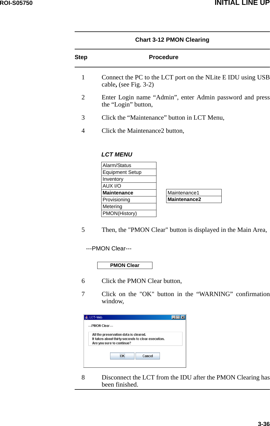 ROI-S05750 INITIAL LINE UP3-36Chart 3-12 PMON ClearingStep Procedure1 Connect the PC to the LCT port on the NLite E IDU using USB cable, (see Fig. 3-2)2 Enter Login name “Admin”, enter Admin password and press the “Login” button,3 Click the “Maintenance” button in LCT Menu, 4 Click the Maintenance2 button,LCT MENUAlarm/StatusEquipment SetupInventoryAUX I/OMaintenanceProvisioningMeteringPMON(History)Maintenance1Maintenance25 Then, the &quot;PMON Clear&quot; button is displayed in the Main Area, ---PMON Clear---PMON Clear6 Click the PMON Clear button,7 Click on the &quot;OK&quot; button in the “WARNING” confirmation window,8 Disconnect the LCT from the IDU after the PMON Clearing has been finished.