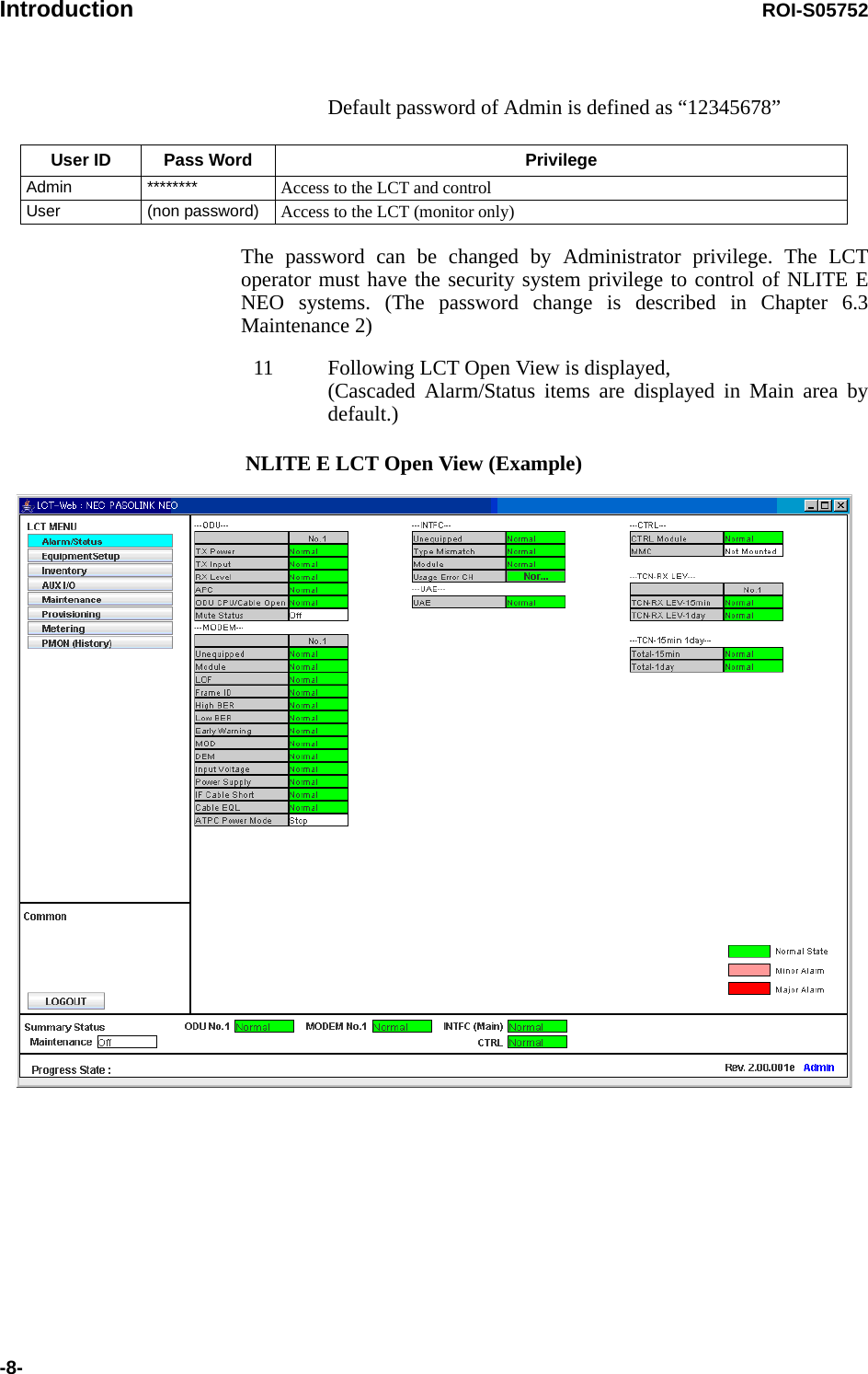 Introduction ROI-S05752-8-Default password of Admin is defined as “12345678” The password can be changed by Administrator privilege. The LCT operator must have the security system privilege to control of NLITE E NEO systems. (The password change is described in Chapter 6.3 Maintenance 2)11 Following LCT Open View is displayed,  (Cascaded Alarm/Status items are displayed in Main area by default.)User ID Pass Word PrivilegeAdmin ******** Access to the LCT and controlUser (non password) Access to the LCT (monitor only)NLITE E LCT Open View (Example)