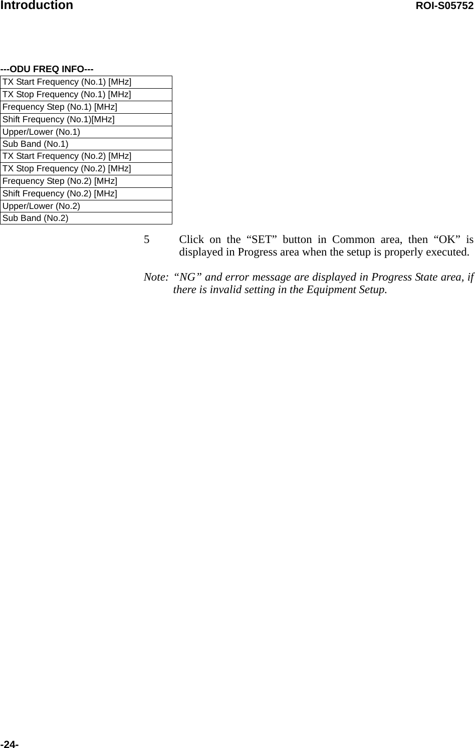 Introduction ROI-S05752-24-5 Click on the “SET” button in Common area, then “OK” is displayed in Progress area when the setup is properly executed.Note: “NG” and error message are displayed in Progress State area, if there is invalid setting in the Equipment Setup.---ODU FREQ INFO---TX Start Frequency (No.1) [MHz]TX Stop Frequency (No.1) [MHz]Frequency Step (No.1) [MHz]Shift Frequency (No.1)[MHz]Upper/Lower (No.1)Sub Band (No.1)TX Start Frequency (No.2) [MHz]TX Stop Frequency (No.2) [MHz]Frequency Step (No.2) [MHz]Shift Frequency (No.2) [MHz]Upper/Lower (No.2)Sub Band (No.2)