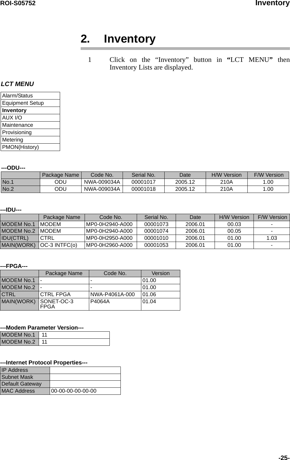 ROI-S05752 Inventory-25-2. Inventory1 Click on the “Inventory” button in “LCT MENU” then Inventory Lists are displayed. ---ODU---Package Name Code No. Serial No. Date H/W Version  F/W VersionNo.1 ODU NWA-009034A 00001017 2005.12 210A 1.00No.2 ODU NWA-009034A 00001018 2005.12 210A 1.00---IDU---Package Name Code No. Serial No. Date H/W Version  F/W VersionMODEM No.1  MODEM MP0-0H2940-A000 00001073 2006.01 00.03 -MODEM No.2  MODEM MP0-0H2940-A000 00001074 2006.01 00.05 -IDU(CTRL) CTRL MP0-0H2950-A000 00001010 2006.01 01.00 1.03MAIN(WORK) OC-3 INTFC(o) MP0-0H2960-A000 00001053 2006.01 01.00 ----FPGA---Package Name Code No. VersionMODEM No.1  - - 01.00MODEM No.2  - - 01.00CTRL CTRL FPGA NWA-P4061A-000 01.06MAIN(WORK) SONET-OC-3 FPGA P4064A 01.04---Modem Parameter Version---MODEM No.1   11MODEM No.2   11---Internet Protocol Properties---IP Address  Subnet MaskDefault GatewayMAC Address 00-00-00-00-00-00LCT MENUAlarm/StatusEquipment SetupInventoryAUX I/OMaintenanceProvisioningMeteringPMON(History)