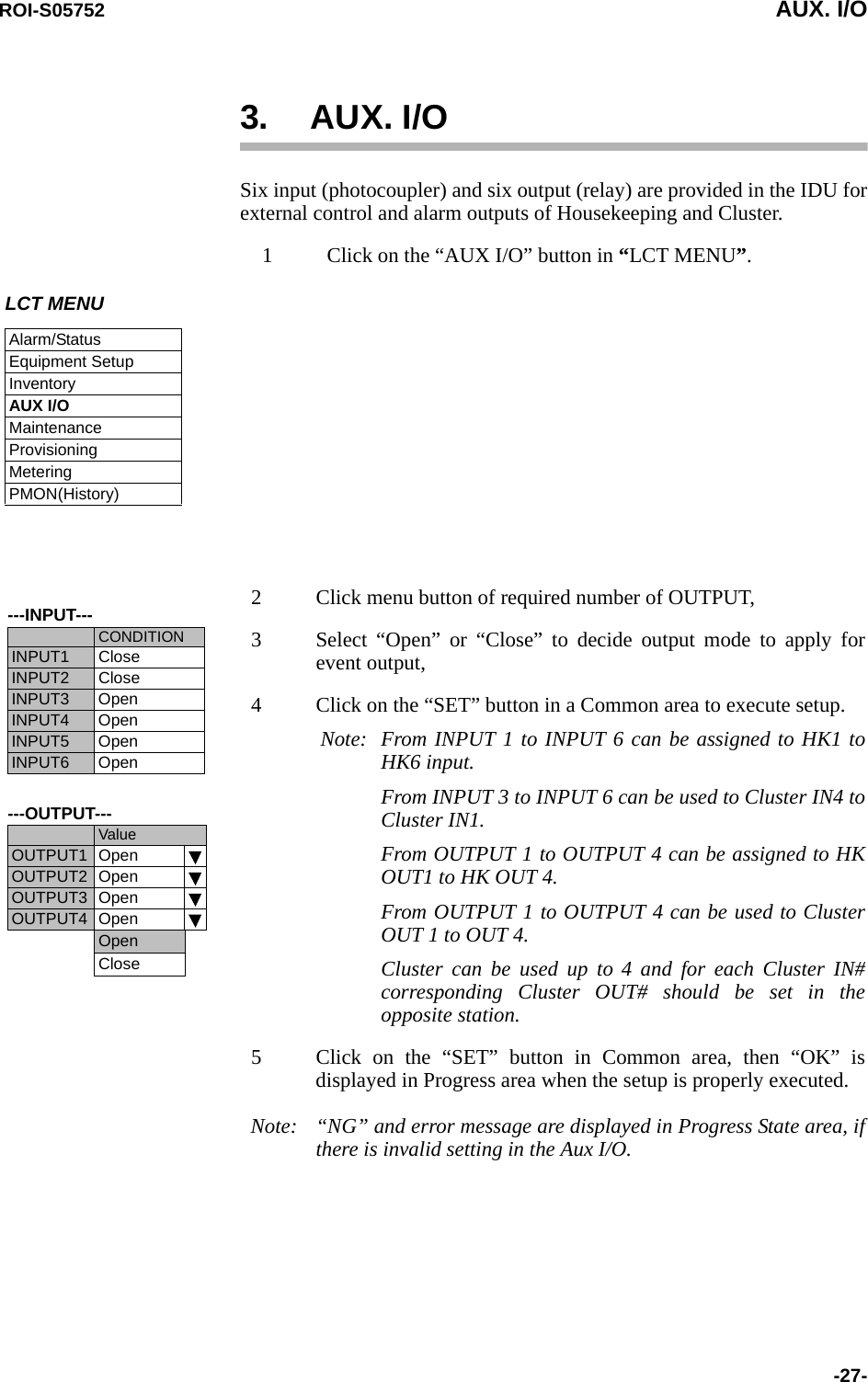 ROI-S05752 AUX. I/O-27-3. AUX. I/OSix input (photocoupler) and six output (relay) are provided in the IDU for external control and alarm outputs of Housekeeping and Cluster.1 Click on the “AUX I/O” button in “LCT MENU”.  LCT MENUAlarm/StatusEquipment SetupInventoryAUX I/OMaintenanceProvisioningMeteringPMON(History)          ---INPUT---CONDITIONINPUT1 CloseINPUT2 CloseINPUT3 OpenINPUT4 OpenINPUT5 OpenINPUT6 Open---OUTPUT---ValueOUTPUT1 OpenOUTPUT2 OpenOUTPUT3 OpenOUTPUT4 OpenOpenClose2 Click menu button of required number of OUTPUT,3 Select “Open” or “Close” to decide output mode to apply for event output,4 Click on the “SET” button in a Common area to execute setup.     Note: From INPUT 1 to INPUT 6 can be assigned to HK1 to HK6 input.From INPUT 3 to INPUT 6 can be used to Cluster IN4 to Cluster IN1.From OUTPUT 1 to OUTPUT 4 can be assigned to HK OUT1 to HK OUT 4.From OUTPUT 1 to OUTPUT 4 can be used to Cluster OUT 1 to OUT 4.Cluster can be used up to 4 and for each Cluster IN# corresponding Cluster OUT# should be set in the opposite station.5 Click on the “SET” button in Common area, then “OK” is displayed in Progress area when the setup is properly executed.Note: “NG” and error message are displayed in Progress State area, if there is invalid setting in the Aux I/O.