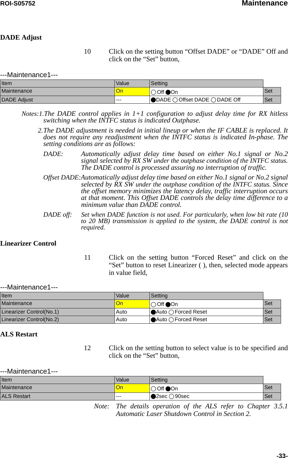 ROI-S05752 Maintenance-33-DADE Adjust10      Click on the setting button “Offset DADE” or “DADE” Off and click on the “Set” button,  Notes:1.The DADE control applies in 1+1 configuration to adjust delay time for RX hitless switching when the INTFC status is indicated Outphase.2.The DADE adjustment is needed in initial lineup or when the IF CABLE is replaced. It does not require any readjustment when the INTFC status is indicated In-phase. The setting conditions are as follows:DADE: Automatically adjust delay time based on either No.1 signal or No.2 signal selected by RX SW under the outphase condition of the INTFC status. The DADE control is processed assuring no interruption of traffic.Offset DADE:Automatically adjust delay time based on either No.1 signal or No.2 signal selected by RX SW under the outphase condition of the INTFC status. Since the offset memory minimizes the latency delay, traffic interruption occurs at that moment. This Offset DADE controls the delay time difference to a minimum value than DADE control. DADE off: Set when DADE function is not used. For particularly, when low bit rate (10 to 20 MB) transmission is applied to the system, the DADE control is not required.Linearizer Control11 Click on the setting button “Forced Reset” and click on the “Set” button to reset Linearizer ( ), then, selected mode appears in value field,ALS Restart12 Click on the setting button to select value is to be specified and click on the “Set” button,              Note: The  details  operation of the ALS refer to Chapter 3.5.1 Automatic Laser Shutdown Control in Section 2.---Maintenance1---Item  Value  SettingMaintenance  On  Off On SetDADE Adjust  --- DADE  Offset DADE  DADE Off Set---Maintenance1---Item  Value  SettingMaintenance  On  Off On SetLinearizer Control(No.1)  Auto Auto Forced Reset SetLinearizer Control(No.2)  Auto Auto Forced Reset Set---Maintenance1---Item  Value  SettingMaintenance  On  Off On SetALS Restart  --- 2sec 90sec Set