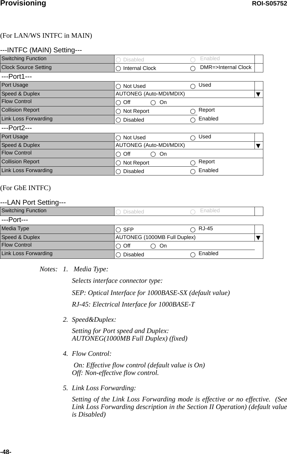 Provisioning ROI-S05752-48-(For LAN/WS INTFC in MAIN)    (For GbE INTFC)    Notes: 1.  Media Type:Selects interface connector type:SEP: Optical Interface for 1000BASE-SX (default value)RJ-45: Electrical Interface for 1000BASE-T2. Speed&amp;Duplex:Setting for Port speed and Duplex: AUTONEG(1000MB Full Duplex) (fixed)4. Flow Control: On: Effective flow control (default value is On) Off: Non-effective flow control. 5. Link Loss Forwarding:Setting of the Link Loss Forwarding mode is effective or no effective.  (See Link Loss Forwarding description in the Section II Operation) (default value is Disabled)---INTFC (MAIN) Setting---Switching Function  Disabled  EnabledClock Source Setting  Internal Clock  DMR=&gt;Internal Clock---Port1---Port Usage   Not Used UsedSpeed &amp; Duplex AUTONEG (Auto-MDI/MDIX)Flow Control  Off   On   Collision Report  Not Report ReportLink Loss Forwarding  Disabled Enabled---Port2---Port Usage   Not Used UsedSpeed &amp; Duplex AUTONEG (Auto-MDI/MDIX)Flow Control  Off   On   Collision Report  Not Report ReportLink Loss Forwarding  Disabled Enabled---LAN Port Setting---Switching Function  Disabled  Enabled---Port---Media Type  SFP RJ-45Speed &amp; Duplex AUTONEG (1000MB Full Duplex)Flow Control  Off   On   Link Loss Forwarding  Disabled Enabled