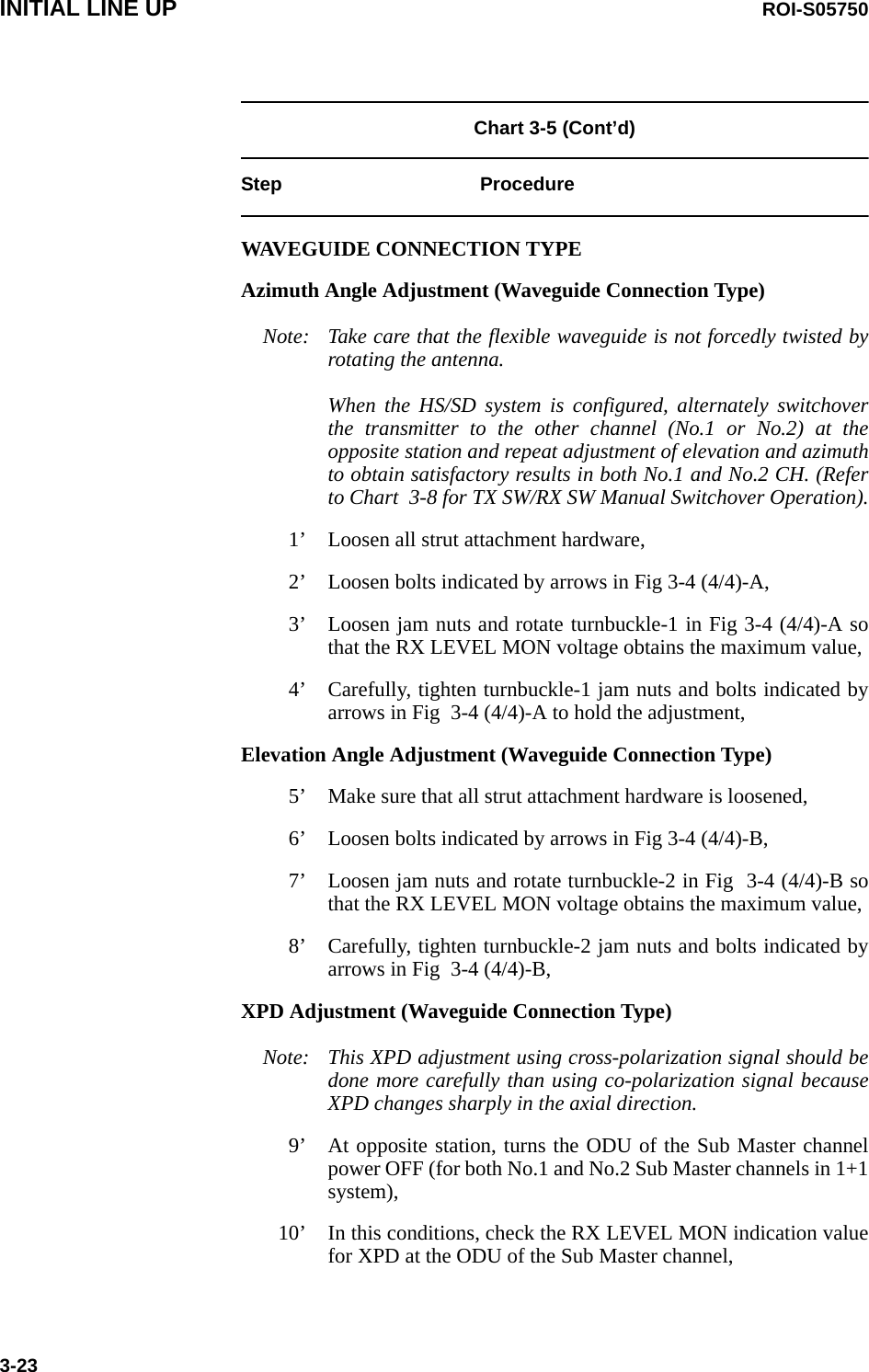 INITIAL LINE UP ROI-S057503-23Chart 3-5 (Cont’d)Step ProcedureWAVEGUIDE CONNECTION TYPEAzimuth Angle Adjustment (Waveguide Connection Type)Note:  Take care that the flexible waveguide is not forcedly twisted by rotating the antenna.When the HS/SD system is configured, alternately switchover the transmitter to the other channel (No.1 or No.2) at the opposite station and repeat adjustment of elevation and azimuth to obtain satisfactory results in both No.1 and No.2 CH. (Refer to Chart  3-8 for TX SW/RX SW Manual Switchover Operation).1’ Loosen all strut attachment hardware,2’ Loosen bolts indicated by arrows in Fig 3-4 (4/4)-A,3’ Loosen jam nuts and rotate turnbuckle-1 in Fig 3-4 (4/4)-A so that the RX LEVEL MON voltage obtains the maximum value,4’ Carefully, tighten turnbuckle-1 jam nuts and bolts indicated by arrows in Fig  3-4 (4/4)-A to hold the adjustment,Elevation Angle Adjustment (Waveguide Connection Type)5’ Make sure that all strut attachment hardware is loosened,6’ Loosen bolts indicated by arrows in Fig 3-4 (4/4)-B,7’ Loosen jam nuts and rotate turnbuckle-2 in Fig  3-4 (4/4)-B so that the RX LEVEL MON voltage obtains the maximum value,8’ Carefully, tighten turnbuckle-2 jam nuts and bolts indicated by arrows in Fig  3-4 (4/4)-B,XPD Adjustment (Waveguide Connection Type)Note: This XPD adjustment using cross-polarization signal should be done more carefully than using co-polarization signal because XPD changes sharply in the axial direction.9’ At opposite station, turns the ODU of the Sub Master channel power OFF (for both No.1 and No.2 Sub Master channels in 1+1 system),10’ In this conditions, check the RX LEVEL MON indication value for XPD at the ODU of the Sub Master channel, 