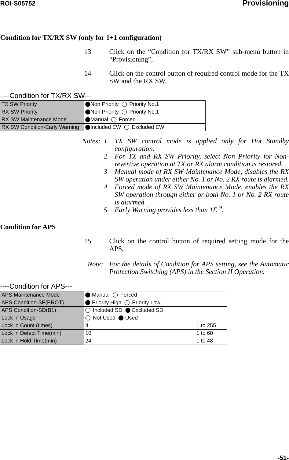 ROI-S05752 Provisioning-51-Condition for TX/RX SW (only for 1+1 configuration)13 Click on the “Condition for TX/RX SW” sub-menu button in “Provisioning”,14 Click on the control button of required control mode for the TX SW and the RX SW, Notes: 1 TX SW control mode is applied only for Hot Standby configuration.2 For TX and RX SW Priority, select Non Priority for Non-revertive operation at TX or RX alarm condition is restored.3 Manual mode of RX SW Maintenance Mode, disables the RX SW operation under either No. 1 or No. 2 RX route is alarmed.4 Forced mode of RX SW Maintenance Mode, enables the RX SW operation through either or both No. 1 or No. 2 RX route is alarmed.5 Early Warning provides less than 1E-9.Condition for APS15 Click on the control button of required setting mode for the APS,Note: For the details of Condition for APS setting, see the Automatic Protection Switching (APS) in the Section II Operation. ----Condition for TX/RX SW---TX SW Priority  Non Priority    Priority No.1RX SW Priority  Non Priority    Priority No.1RX SW Maintenance Mode  Manual    ForcedRX SW Condition-Early Warning  Included EW    Excluded EW----Condition for APS---APS Maintenance Mode  Manual    ForcedAPS Condition-SF(PROT)  Priority High    Priority LowAPS Condition-SD(B1)  Included SD    Excluded SDLock in Usage  Not Used    UsedLock in Count (times) 4 1 to 255Lock in Detect Time(min) 10 1 to 60Lock in Hold Time(min) 24 1 to 48