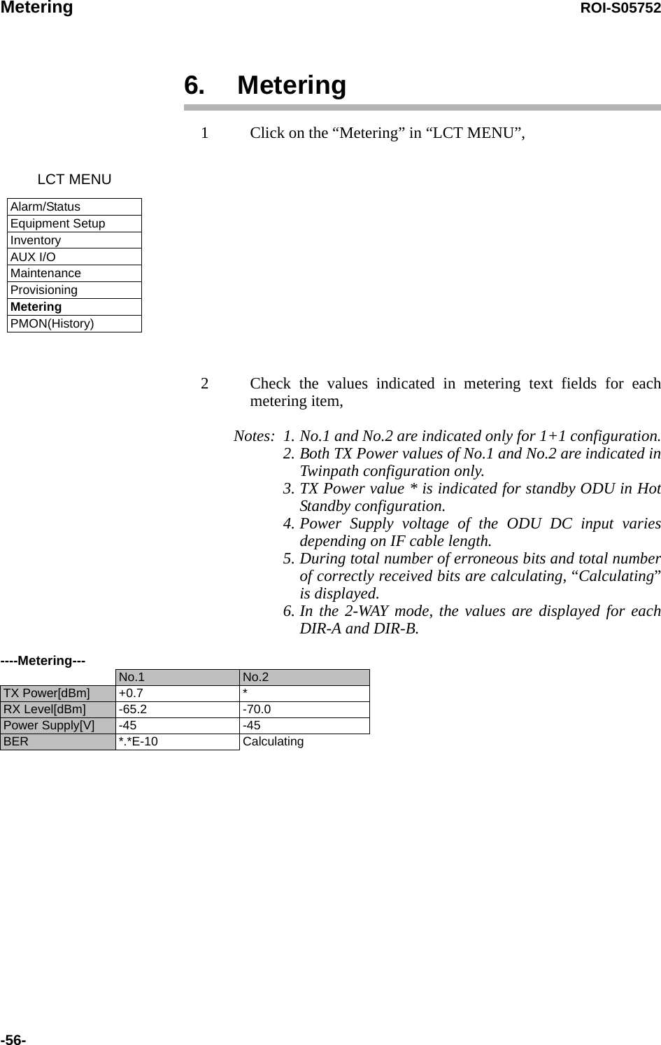 Metering ROI-S05752-56-6. Metering1 Click on the “Metering” in “LCT MENU”, 2 Check the values indicated in metering text fields for each metering item,Notes: 1. No.1 and No.2 are indicated only for 1+1 configuration.2. Both TX Power values of No.1 and No.2 are indicated in Twinpath configuration only.3. TX Power value * is indicated for standby ODU in Hot Standby configuration.4. Power Supply voltage of the ODU DC input varies depending on IF cable length.5. During total number of erroneous bits and total number of correctly received bits are calculating, “Calculating”is displayed.6. In the 2-WAY mode, the values are displayed for each DIR-A and DIR-B.LCT MENUAlarm/StatusEquipment SetupInventoryAUX I/OMaintenanceProvisioningMeteringPMON(History)----Metering---No.1 No.2TX Power[dBm] +0.7 *RX Level[dBm] -65.2 -70.0Power Supply[V] -45 -45BER *.*E-10 Calculating