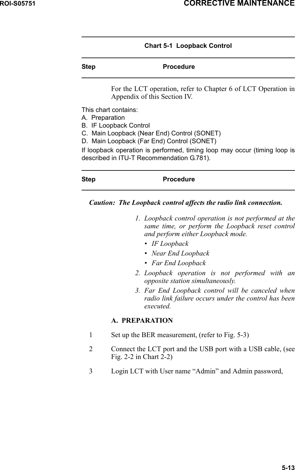 ROI-S05751 CORRECTIVE MAINTENANCE5-13Chart 5-1  Loopback ControlStep ProcedureFor the LCT operation, refer to Chapter 6 of LCT Operation in Appendix of this Section IV.This chart contains:A.  PreparationB.  IF Loopback ControlC.  Main Loopback (Near End) Control (SONET)D.  Main Loopback (Far End) Control (SONET)If loopback operation is performed, timing loop may occur (timing loop is described in ITU-T Recommendation G.781).Step ProcedureCaution: The Loopback control affects the radio link connection.1. Loopback control operation is not performed at the same time, or perform the Loopback reset control and perform either Loopback mode.• IF Loopback• Near End Loopback• Far End Loopback2. Loopback operation is not performed with an opposite station simultaneously.3. Far End Loopback control will be canceled when radio link failure occurs under the control has been executed.A.  PREPARATION1 Set up the BER measurement, (refer to Fig. 5-3)2 Connect the LCT port and the USB port with a USB cable, (see Fig. 2-2 in Chart 2-2)3 Login LCT with User name “Admin” and Admin password,