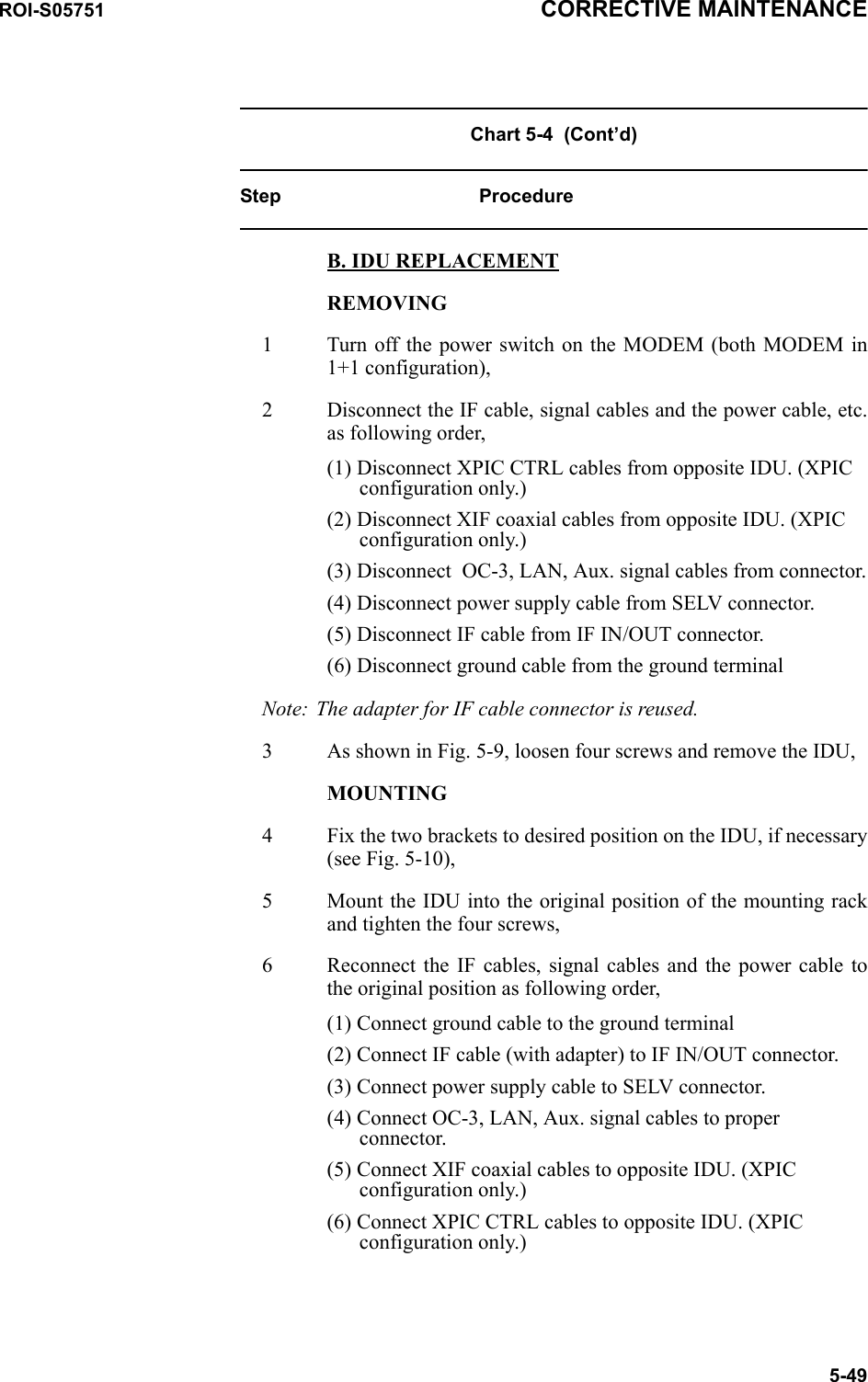 ROI-S05751 CORRECTIVE MAINTENANCE5-49Chart 5-4  (Cont’d)Step ProcedureB. IDU REPLACEMENTREMOVING1 Turn off the power switch on the MODEM (both MODEM in 1+1 configuration),2 Disconnect the IF cable, signal cables and the power cable, etc. as following order,(1) Disconnect XPIC CTRL cables from opposite IDU. (XPIC configuration only.)(2) Disconnect XIF coaxial cables from opposite IDU. (XPIC configuration only.)(3) Disconnect  OC-3, LAN, Aux. signal cables from connector.(4) Disconnect power supply cable from SELV connector.(5) Disconnect IF cable from IF IN/OUT connector.(6) Disconnect ground cable from the ground terminalNote: The adapter for IF cable connector is reused.3 As shown in Fig. 5-9, loosen four screws and remove the IDU,MOUNTING4 Fix the two brackets to desired position on the IDU, if necessary (see Fig. 5-10),5 Mount the IDU into the original position of the mounting rack and tighten the four screws,6 Reconnect the IF cables, signal cables and the power cable to the original position as following order,(1) Connect ground cable to the ground terminal(2) Connect IF cable (with adapter) to IF IN/OUT connector.(3) Connect power supply cable to SELV connector.(4) Connect OC-3, LAN, Aux. signal cables to proper connector.(5) Connect XIF coaxial cables to opposite IDU. (XPIC configuration only.)(6) Connect XPIC CTRL cables to opposite IDU. (XPIC configuration only.)