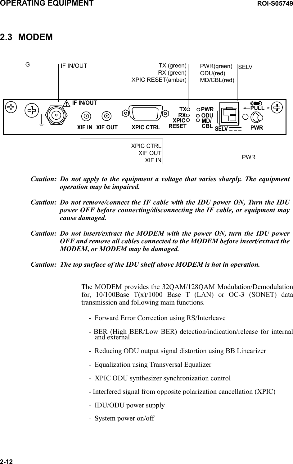 OPERATING EQUIPMENT ROI-S057492-122.3 MODEMSELV!XIF IN XIF OUTIF IN/OUTTXRXRESETXPIC CTRLXPICPWRODUMD/CBLPULLPWRSELVPWRPWR(green)ODU(red)MD/CBL(red)TX (green)RX (green)XPIC RESET(amber)XPIC CTRLXIF OUTXIF INIF IN/OUTGCaution: Do not apply to the equipment a voltage that varies sharply. The equipment operation may be impaired.Caution: Do not remove/connect the IF cable with the IDU power ON, Turn the IDU power OFF before connecting/disconnecting the IF cable, or equipment may cause damaged.Caution: Do not insert/extract the MODEM with the power ON, turn the IDU power OFF and remove all cables connected to the MODEM before insert/extract the MODEM, or MODEM may be damaged.Caution: The top surface of the IDU shelf above MODEM is hot in operation.The MODEM provides the 32QAM/128QAM Modulation/Demodulation for, 10/100Base T(x)/1000 Base T (LAN) or OC-3 (SONET) data transmission and following main functions.-  Forward Error Correction using RS/Interleave- BER (High BER/Low BER) detection/indication/release for internal and external-  Reducing ODU output signal distortion using BB Linearizer -  Equalization using Transversal Equalizer-  XPIC ODU synthesizer synchronization control- Interfered signal from opposite polarization cancellation (XPIC) -  IDU/ODU power supply-  System power on/off