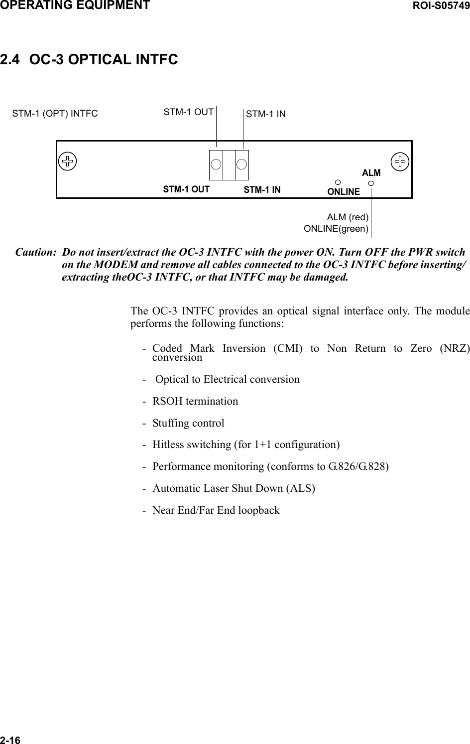 OPERATING EQUIPMENT ROI-S057492-162.4 OC-3 OPTICAL INTFCALMSTM-1 INSTM-1 OUTALM (red)ONLINE(green)STM-1 INSTM-1 OUTONLINESTM-1 (OPT) INTFCCaution: Do not insert/extract the OC-3 INTFC with the power ON. Turn OFF the PWR switch on the MODEM and remove all cables connected to the OC-3 INTFC before inserting/extracting theOC-3 INTFC, or that INTFC may be damaged.The OC-3 INTFC provides an optical signal interface only. The module performs the following functions:- Coded Mark Inversion (CMI) to Non Return to Zero (NRZ) conversion-  Optical to Electrical conversion- RSOH termination- Stuffing control- Hitless switching (for 1+1 configuration)- Performance monitoring (conforms to G.826/G.828)- Automatic Laser Shut Down (ALS)- Near End/Far End loopback  