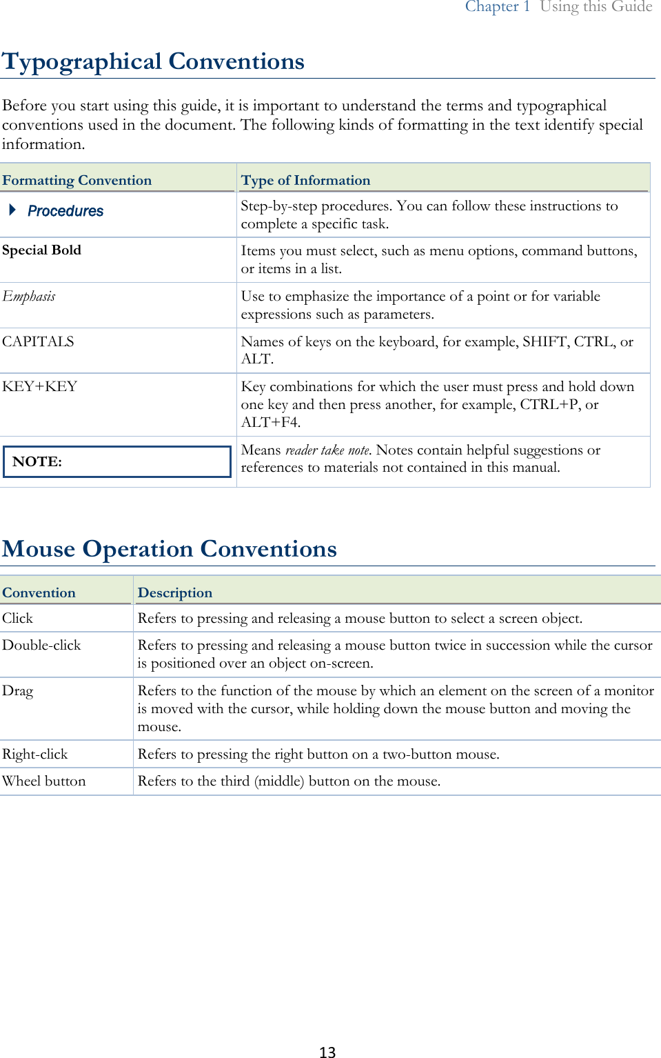 13  Chapter 1  Using this Guide  Typographical Conventions Before you start using this guide, it is important to understand the terms and typographical conventions used in the document. The following kinds of formatting in the text identify special information. Formatting Convention Type of Information  Procedures Step-by-step procedures. You can follow these instructions to complete a specific task. Special Bold Items you must select, such as menu options, command buttons, or items in a list. Emphasis Use to emphasize the importance of a point or for variable expressions such as parameters. CAPITALS Names of keys on the keyboard, for example, SHIFT, CTRL, or ALT. KEY+KEY Key combinations for which the user must press and hold down one key and then press another, for example, CTRL+P, or ALT+F4. NOTE: Means reader take note. Notes contain helpful suggestions or references to materials not contained in this manual.    Mouse Operation Conventions Convention Description Click Refers to pressing and releasing a mouse button to select a screen object. Double-click Refers to pressing and releasing a mouse button twice in succession while the cursor is positioned over an object on-screen. Drag Refers to the function of the mouse by which an element on the screen of a monitor is moved with the cursor, while holding down the mouse button and moving the mouse. Right-click Refers to pressing the right button on a two-button mouse. Wheel button Refers to the third (middle) button on the mouse.   