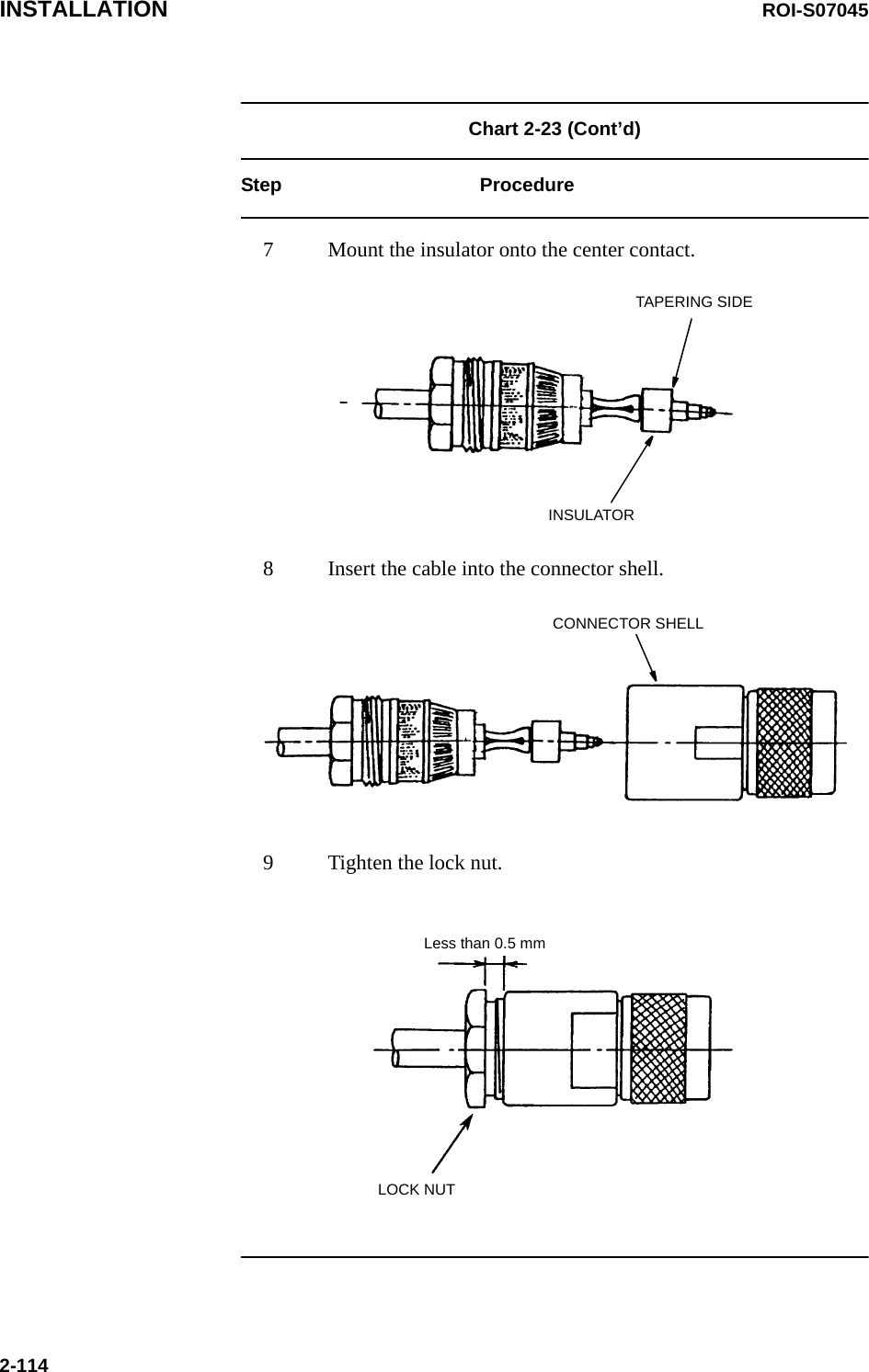INSTALLATION ROI-S070452-114Chart 2-23 (Cont’d) Step Procedure7 Mount the insulator onto the center contact.8 Insert the cable into the connector shell.9 Tighten the lock nut.TAPERING SIDEINSULATORCONNECTOR SHELLLOCK NUTLess than 0.5 mm