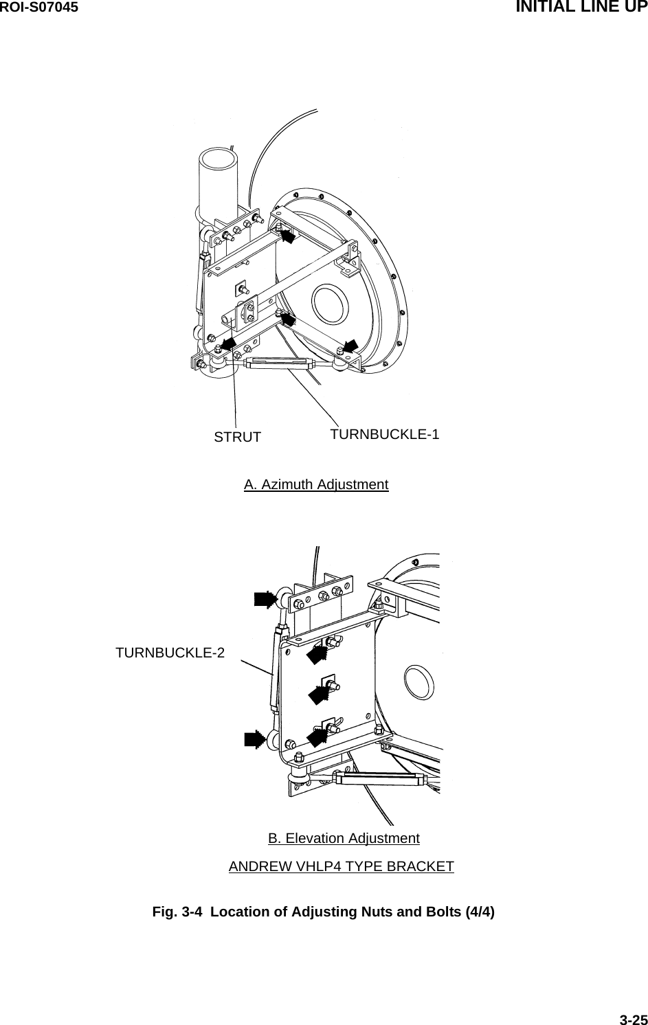 ROI-S07045 INITIAL LINE UP3-25Fig. 3-4  Location of Adjusting Nuts and Bolts (4/4)STRUT TURNBUCKLE-1A. Azimuth AdjustmentTURNBUCKLE-2ANDREW VHLP4 TYPE BRACKETB. Elevation Adjustment