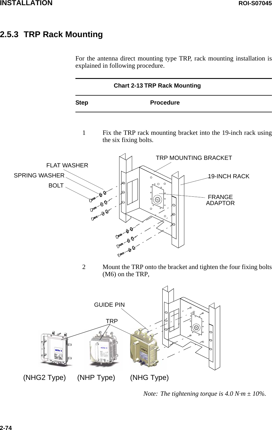 INSTALLATION ROI-S070452-742.5.3 TRP Rack MountingFor the antenna direct mounting type TRP, rack mounting installation isexplained in following procedure.Chart 2-13 TRP Rack MountingStep Procedure1 Fix the TRP rack mounting bracket into the 19-inch rack usingthe six fixing bolts.2 Mount the TRP onto the bracket and tighten the four fixing bolts(M6) on the TRP,BOLTSPRING WASHERFLAT WASHER19-INCH RACKTRP MOUNTING BRACKETFRANGE ADAPTORNote: The tightening torque is 4.0 N·m ± 10%.TRPGUIDE PIN(NHP Type) (NHG Type)(NHG2 Type)