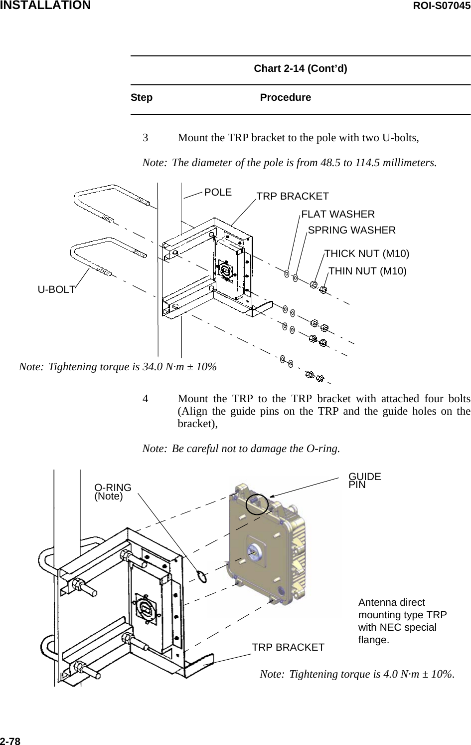 INSTALLATION ROI-S070452-78Chart 2-14 (Cont’d)Step Procedure3 Mount the TRP bracket to the pole with two U-bolts,Note: The diameter of the pole is from 48.5 to 114.5 millimeters.4 Mount the TRP to the TRP bracket with attached four bolts(Align the guide pins on the TRP and the guide holes on thebracket),Note: Be careful not to damage the O-ring.TRP BRACKETU-BOLTPOLEFLAT WASHERSPRING WASHERTHIN NUT (M10)THICK NUT (M10)Note: Tightening torque is 34.0 N·m ± 10%TRP BRACKETAntenna direct mounting type TRP with NEC special flange.O-RING(Note)GUIDE PINNote: Tightening torque is 4.0 N·m ± 10%.