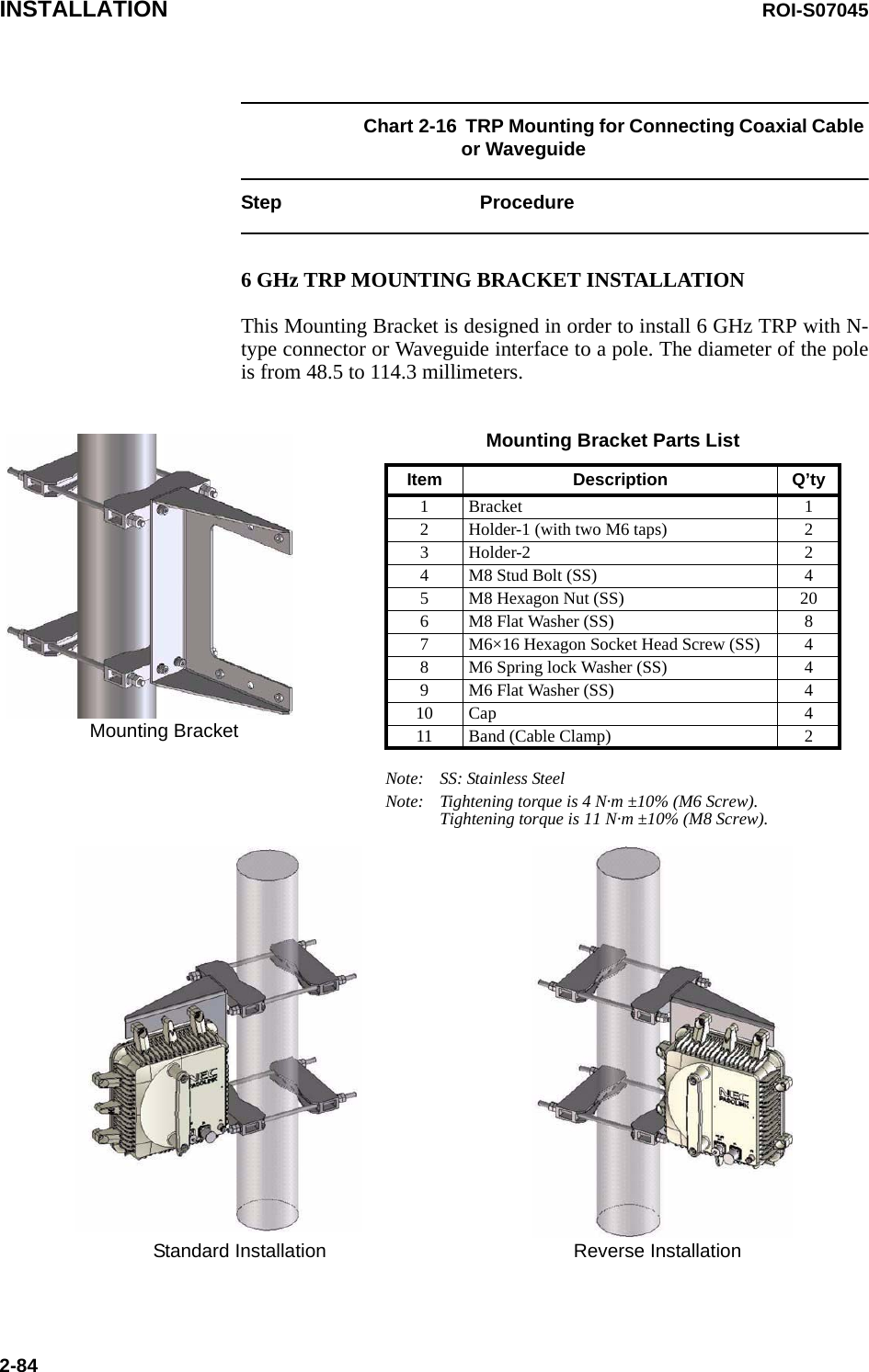 INSTALLATION ROI-S070452-84Chart 2-16  TRP Mounting for Connecting Coaxial Cable or WaveguideStep Procedure6 GHz TRP MOUNTING BRACKET INSTALLATIONThis Mounting Bracket is designed in order to install 6 GHz TRP with N-type connector or Waveguide interface to a pole. The diameter of the poleis from 48.5 to 114.3 millimeters.Note: SS: Stainless SteelNote: Tightening torque is 4 N·m ±10% (M6 Screw).Tightening torque is 11 N·m ±10% (M8 Screw).Mounting Bracket Parts ListItem Description Q’ty1Bracket 12 Holder-1 (with two M6 taps) 23 Holder-2 24 M8 Stud Bolt (SS) 45 M8 Hexagon Nut (SS) 206 M8 Flat Washer (SS) 87 M6×16 Hexagon Socket Head Screw (SS) 48 M6 Spring lock Washer (SS) 49 M6 Flat Washer (SS) 410 Cap 411 Band (Cable Clamp) 2Mounting BracketStandard Installation Reverse Installation